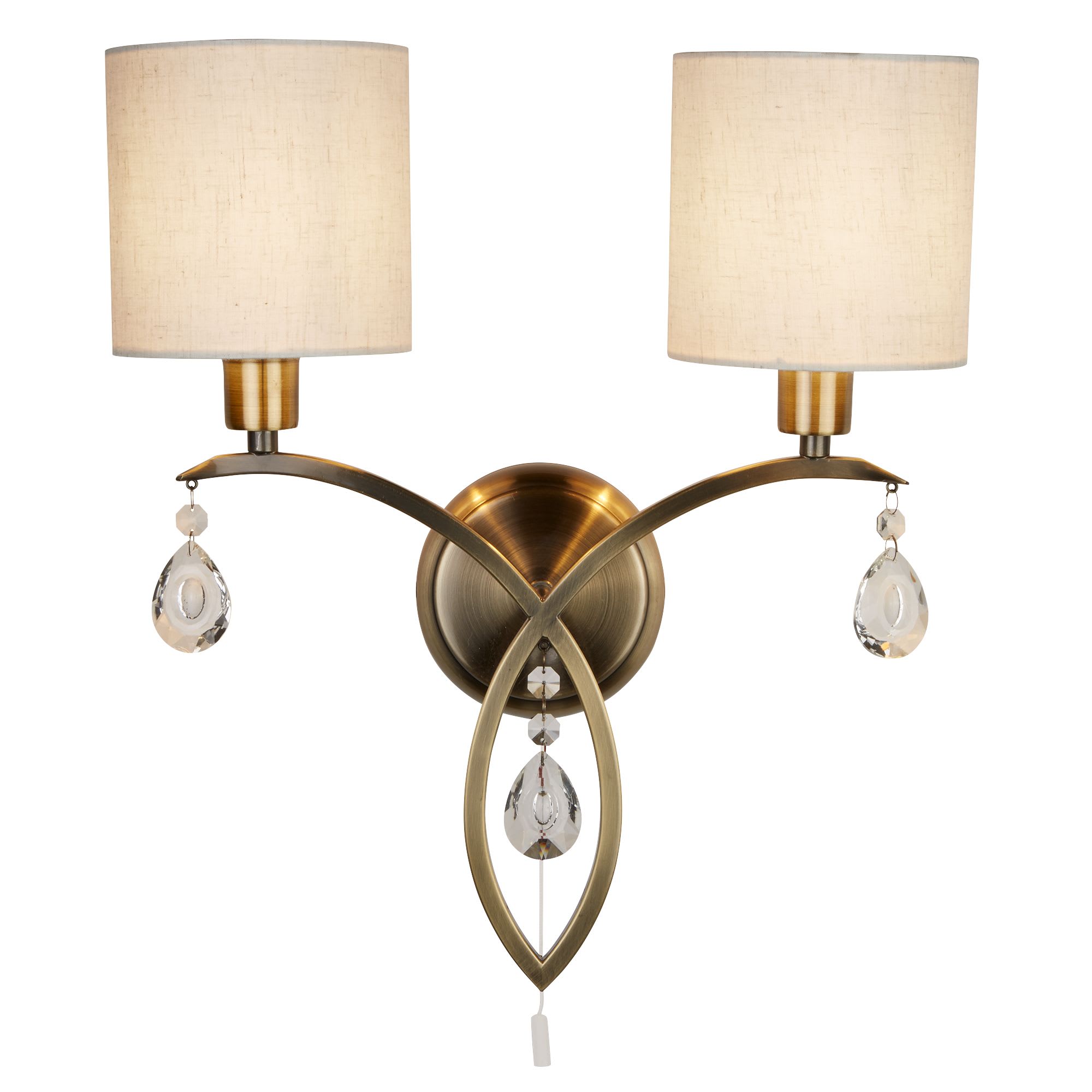 Alberto 2Lt Wall Light- Antique Brass, Crystal & Linen Shade