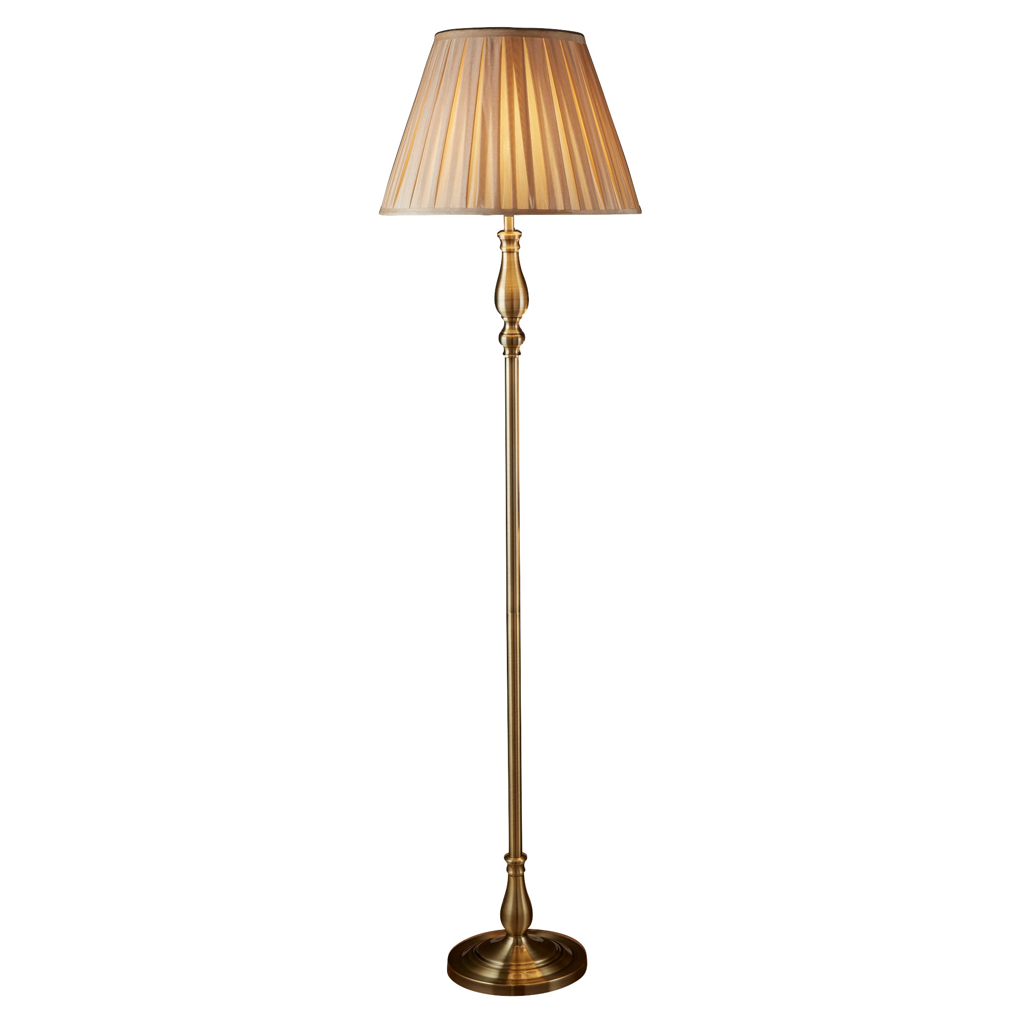 Flemish Floor Lamp- Antique Brass Metal & Grey Pleated Shade