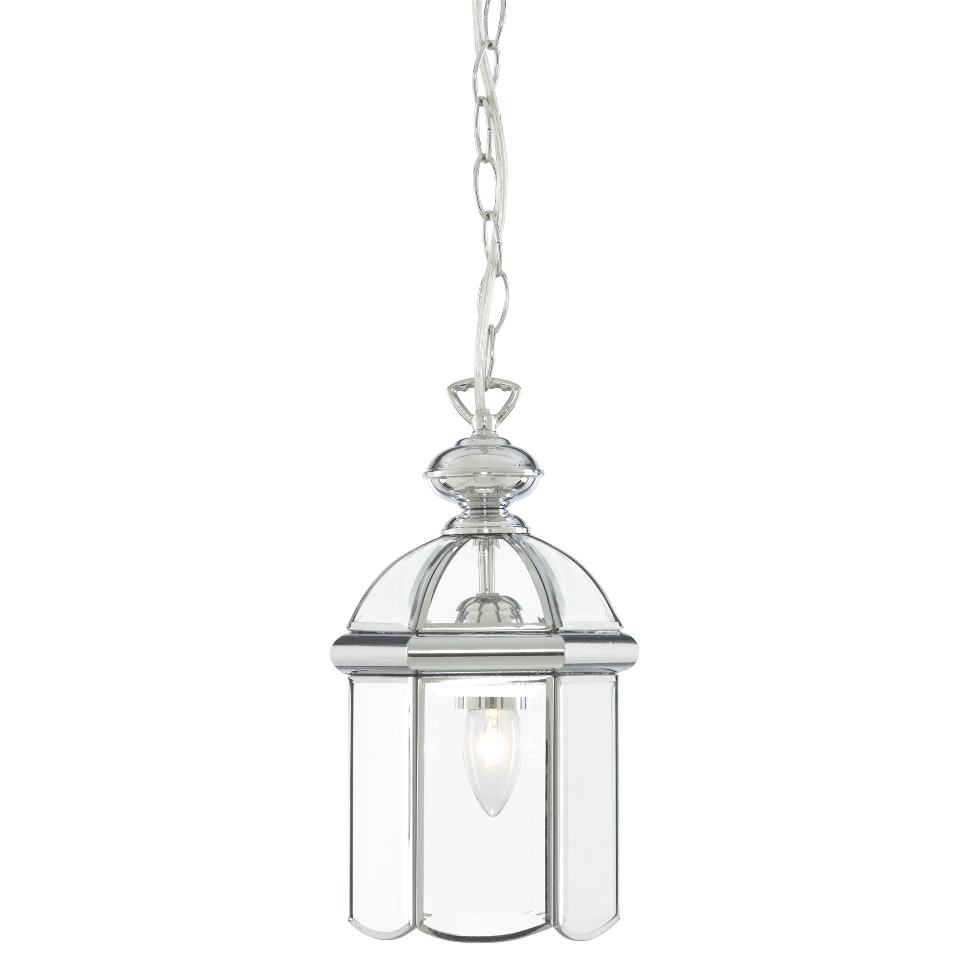 Bevelled Lantern Pendant - Chrome Metal & Clear Glass