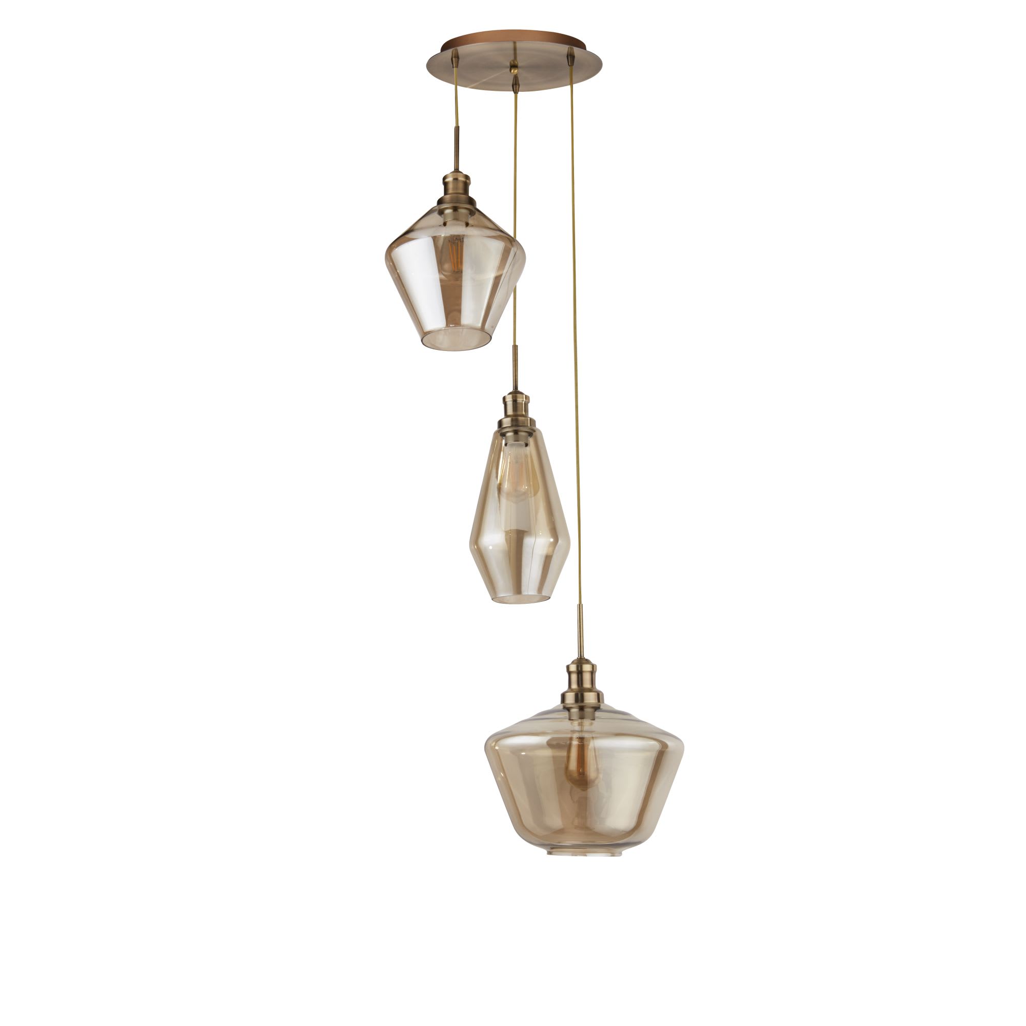 Mia 3Lt Multi-Drop Pendant - Antique Brass Metal,Amber Glass