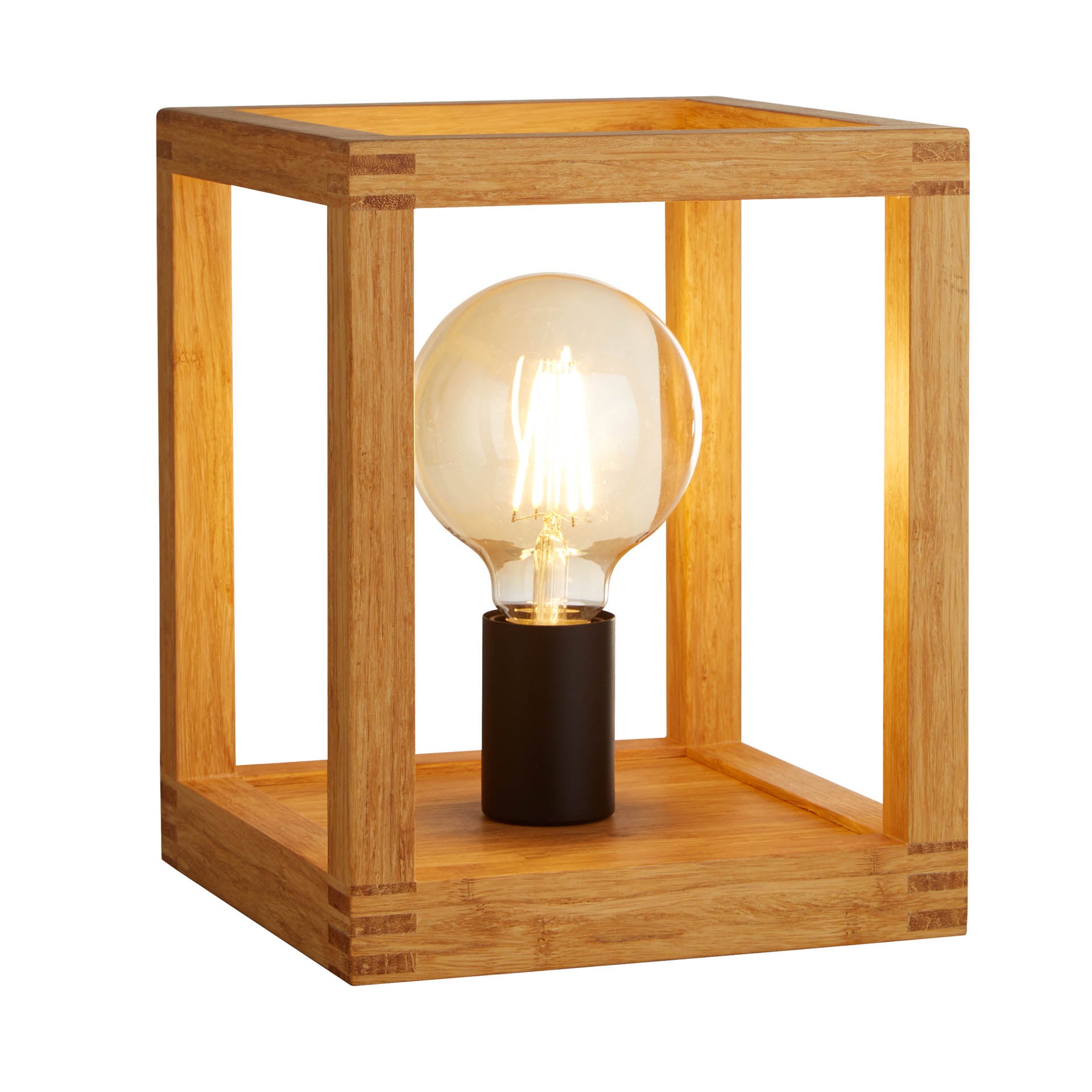 Square Table Lamp - Natural Wood & Black Metal