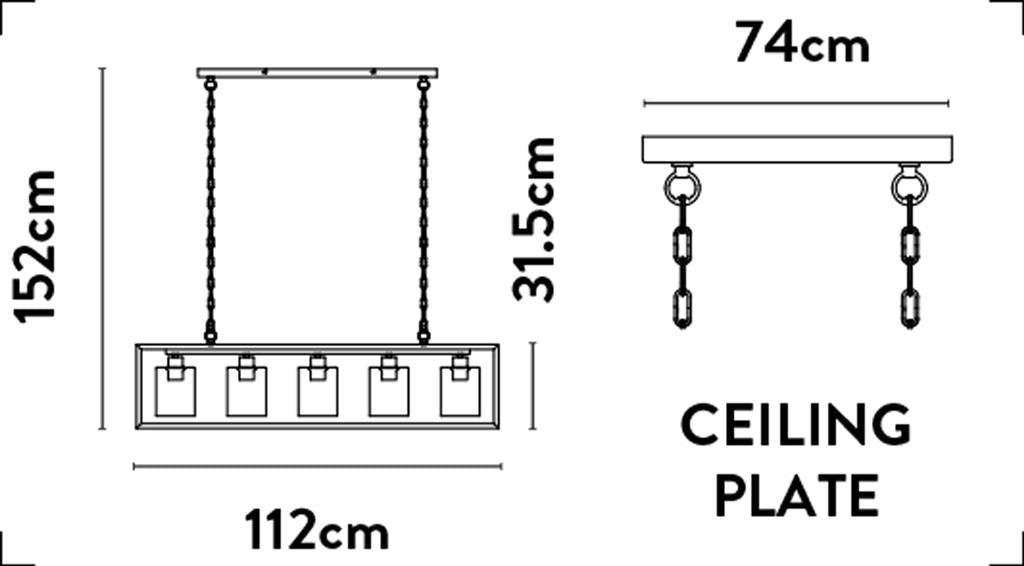 Lux & Belle 5LT Pendant-MattBlack&SatinBrass Metal,Clear Glass