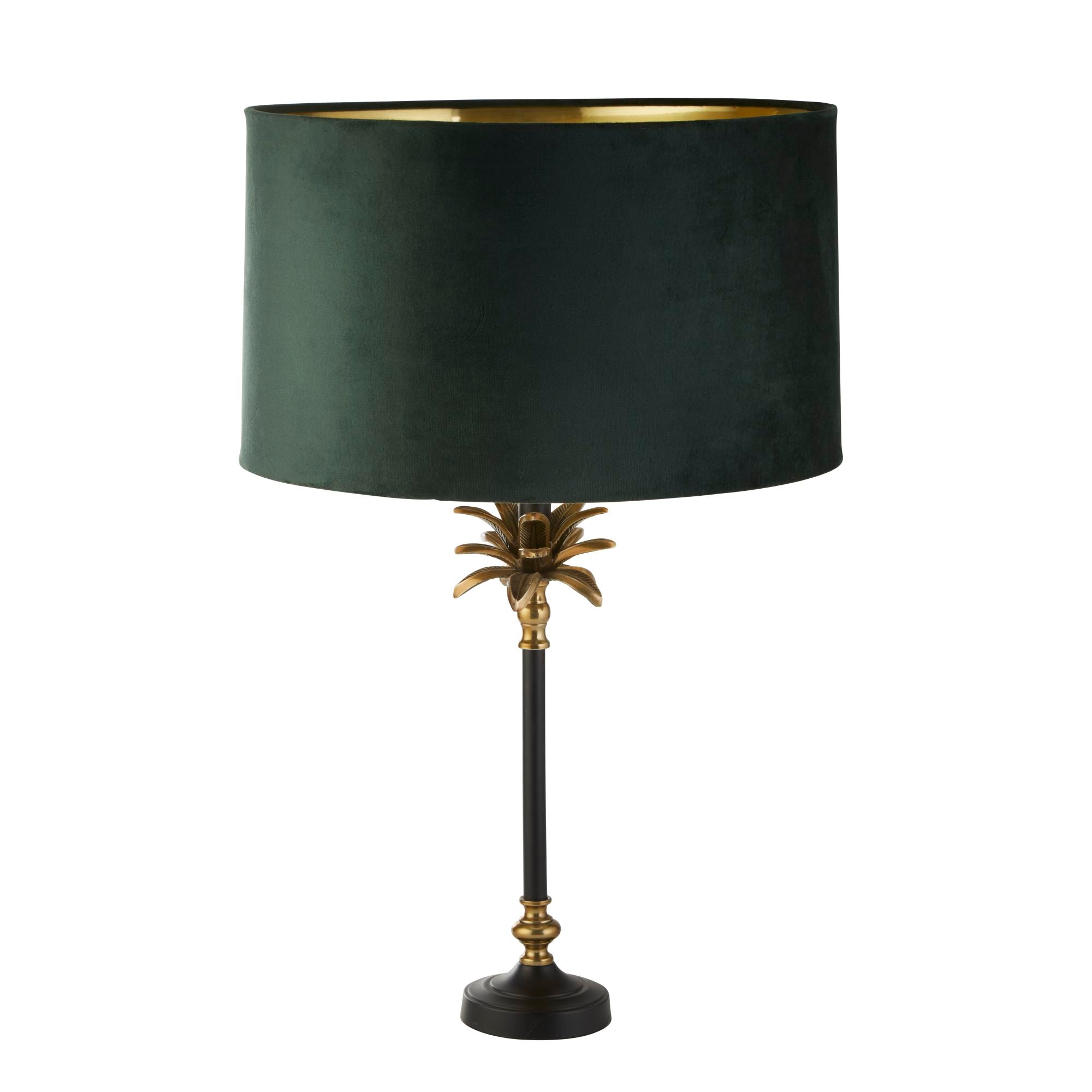 Palm Table Lamp - Antique Brass & Black, Green Velvet Shade Antique Brass and Matt Black - Green Velvet