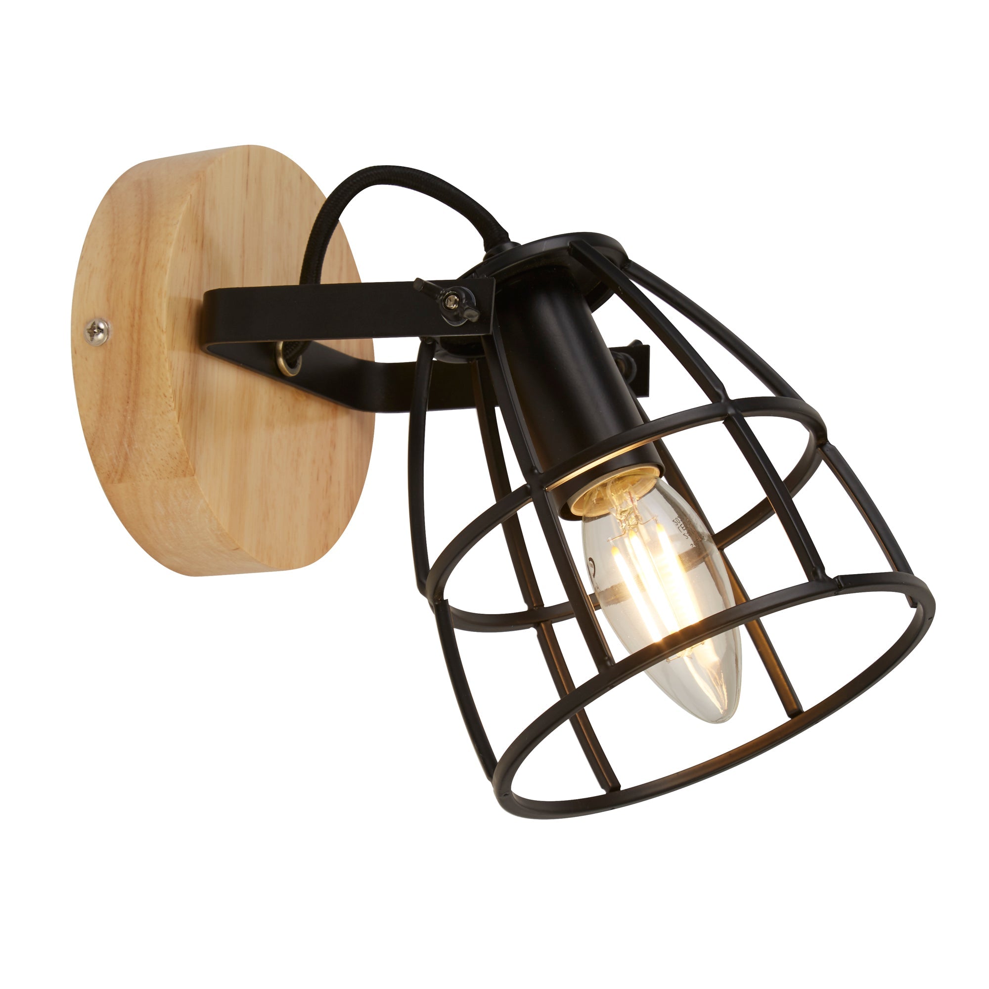 Vision Round Wall Light - Matt Black Metal & Wood