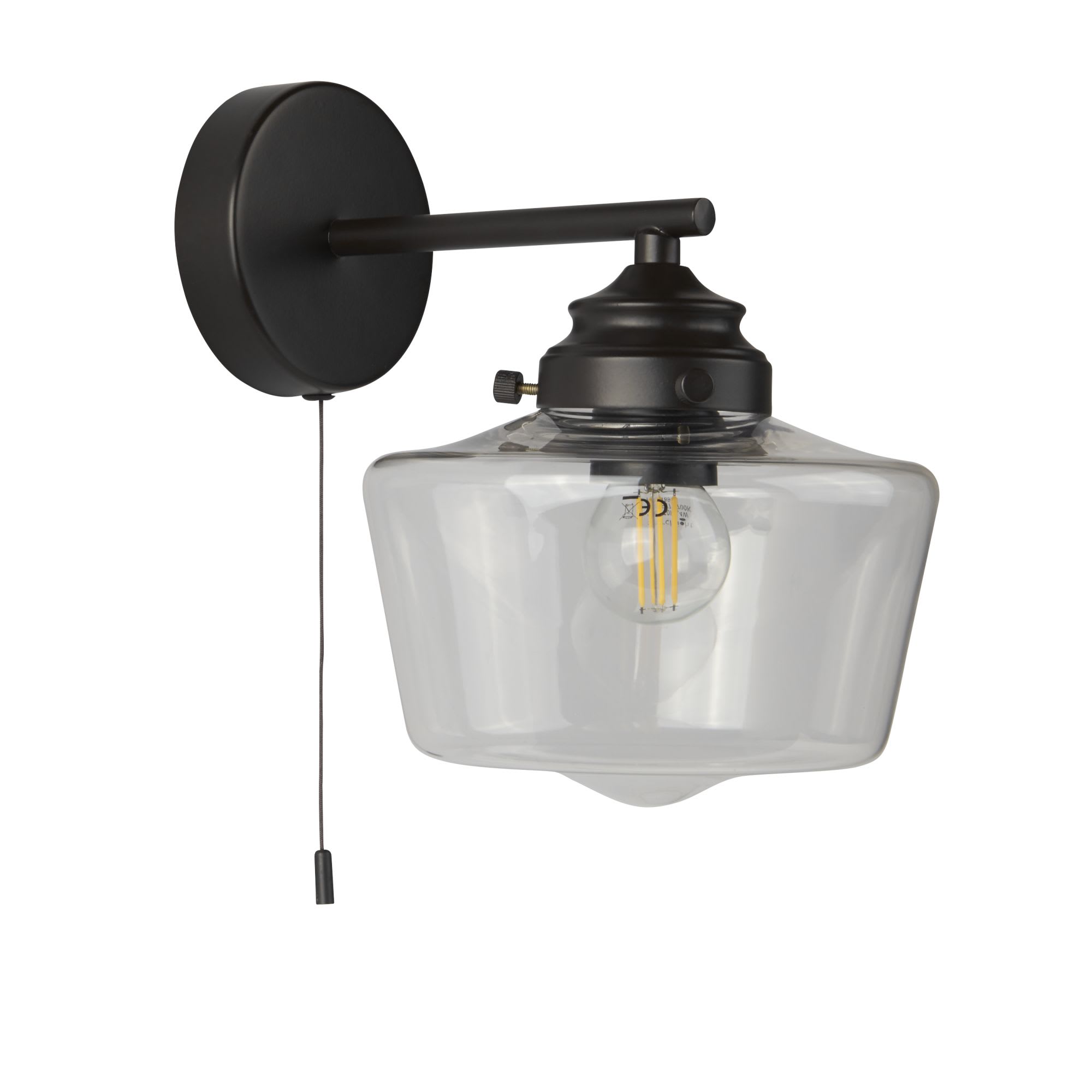 School House Wall Light - Black Metal & Clear Glass