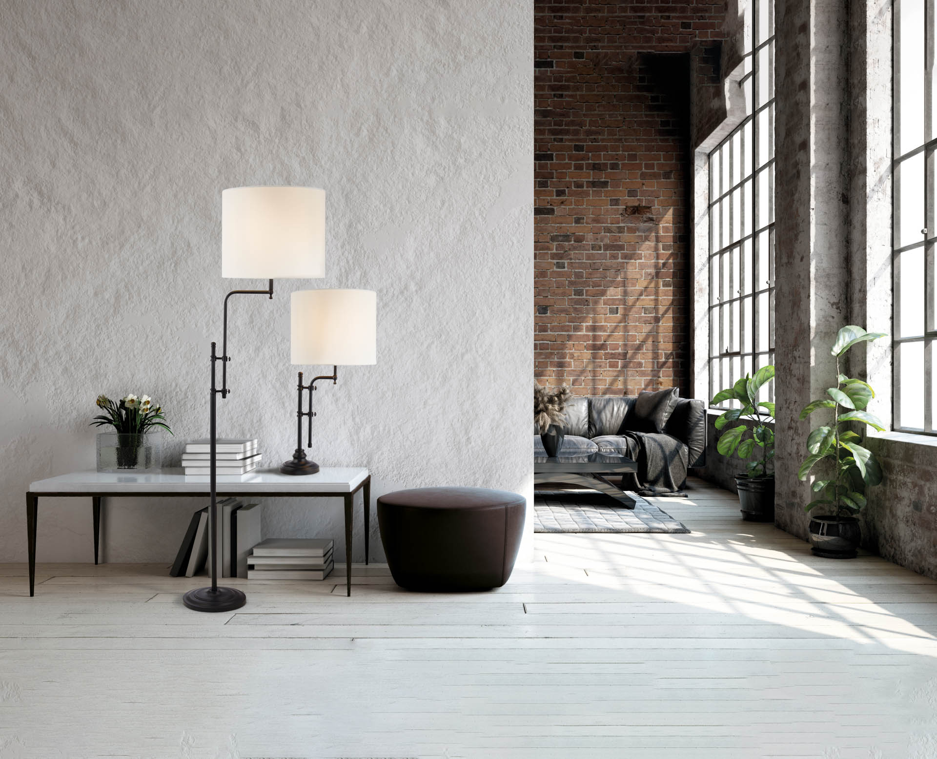 Munich Floor Lamp - Matt Black Metal & Natural Linen Shade