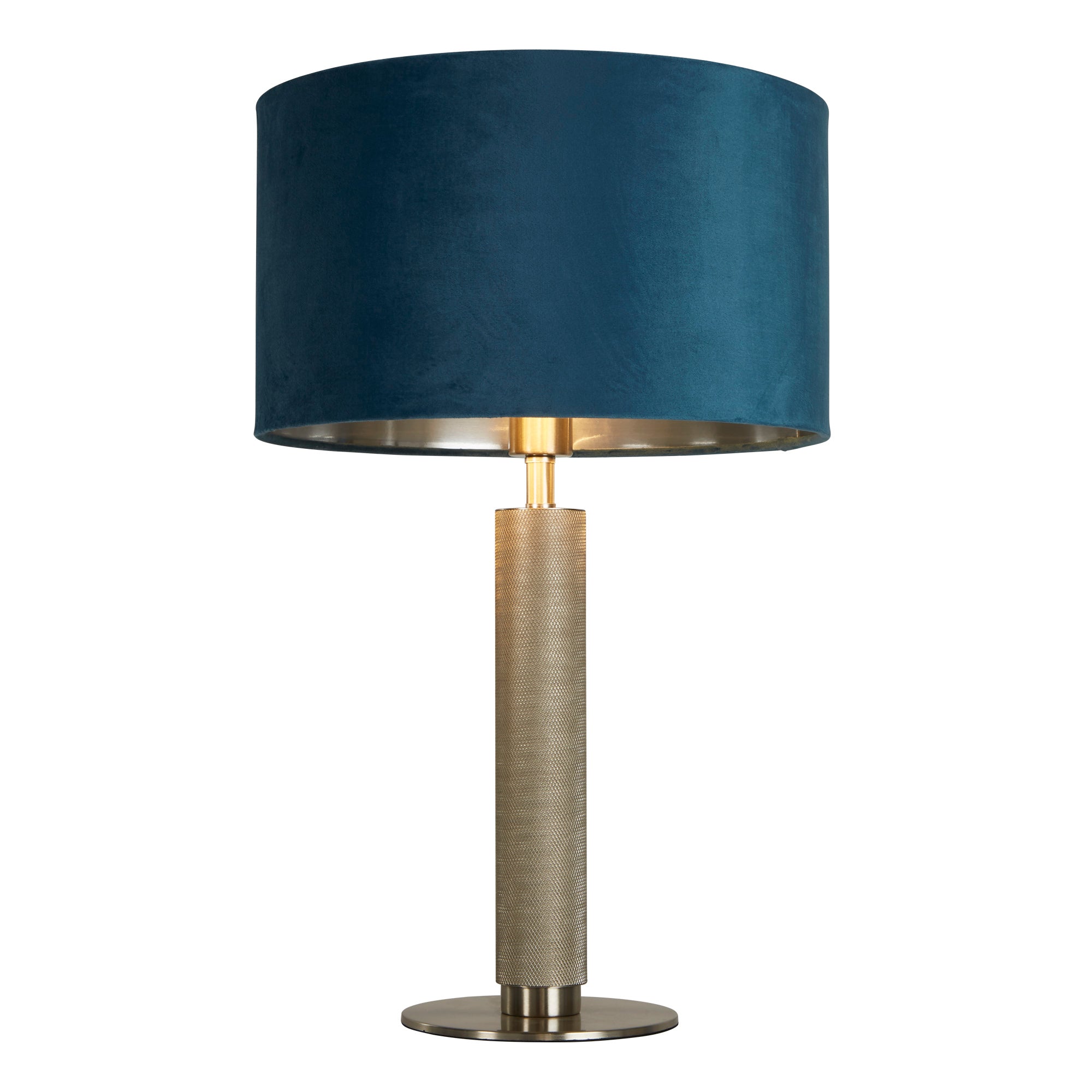 London Table Lamp - Knurled Brass & Velvet Shade Teal Velvet