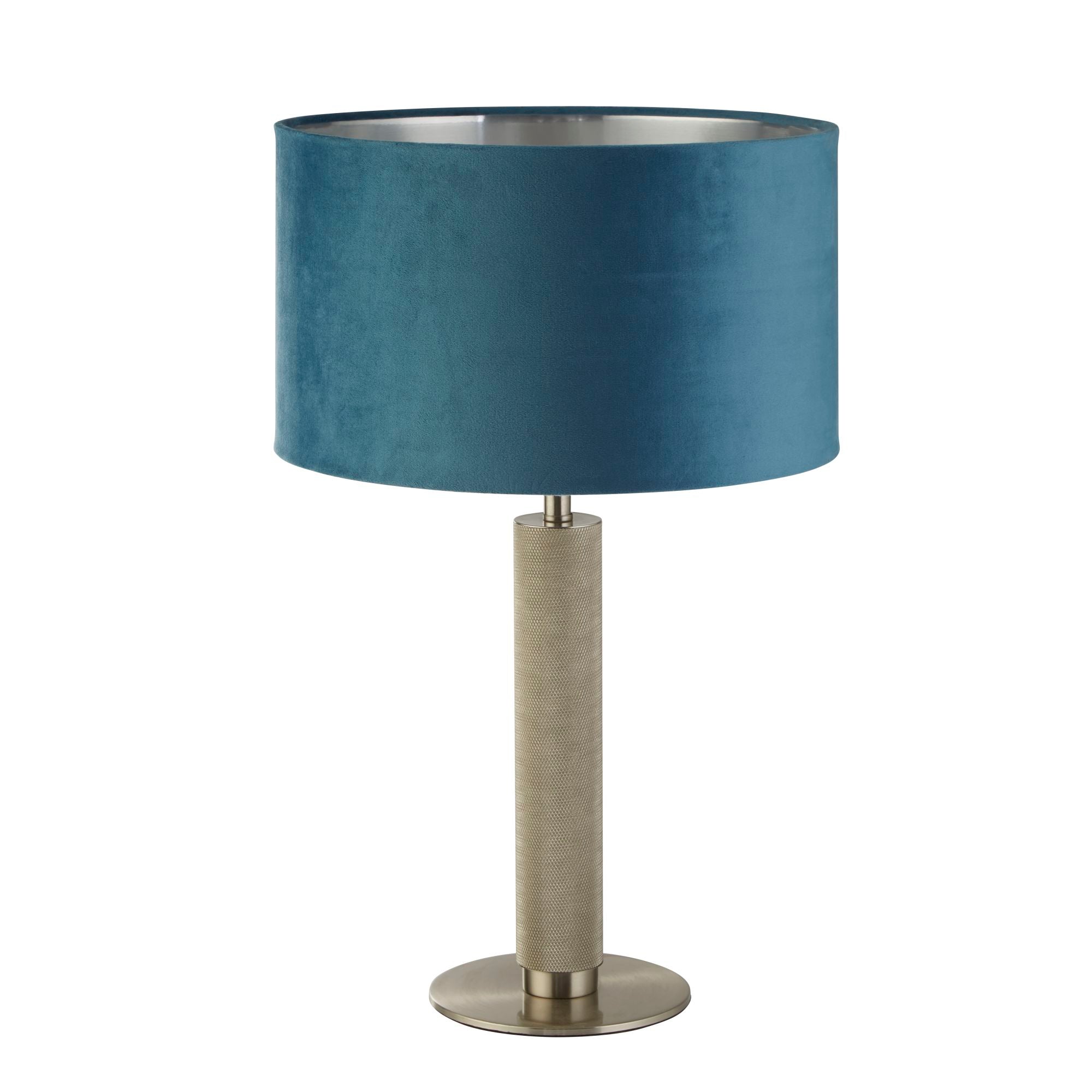 London Table Lamp - Knurled Brass & Velvet Shade Teal Velvet