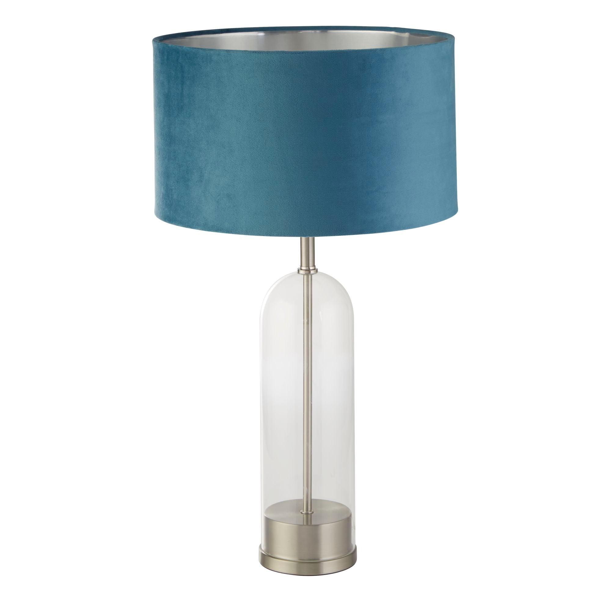 Oxford Table Lamp -Glass, Metal & Velvet Shade Satin Nickel + Teal