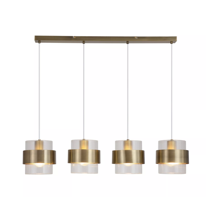 Royal 4Lt Bar Pendant Antique Brass, Clear Ribbed Glass