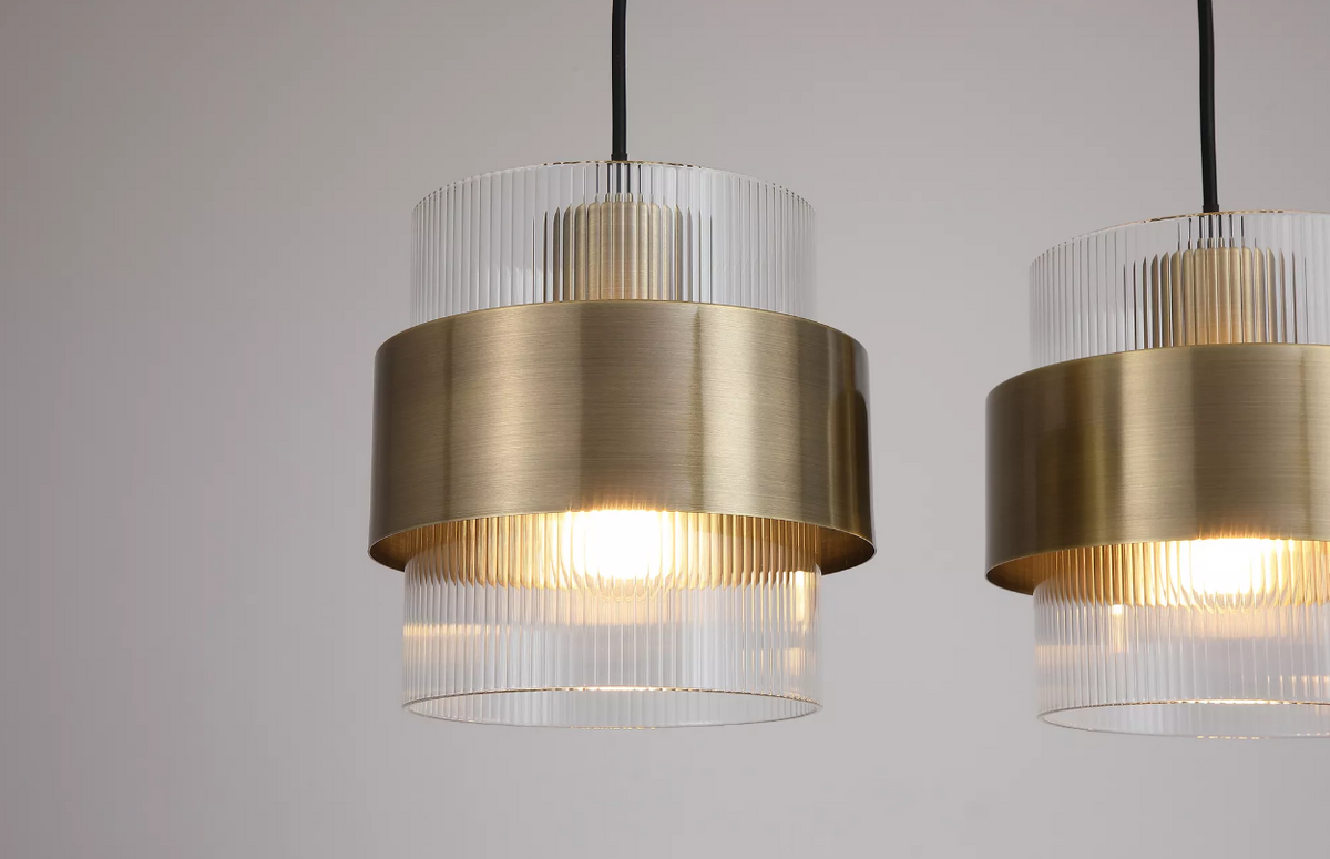 Royal 4Lt Bar Pendant Antique Brass, Clear Ribbed Glass