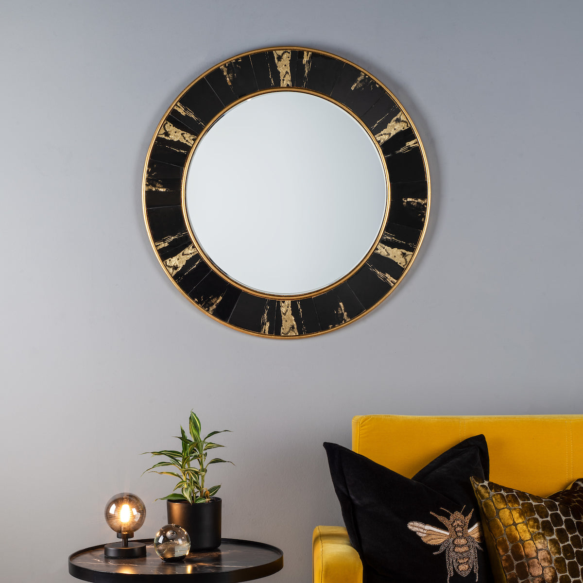 SIDONE ROUND DECORATIVE MIRROR BLACK/GOLD FOIL FRA