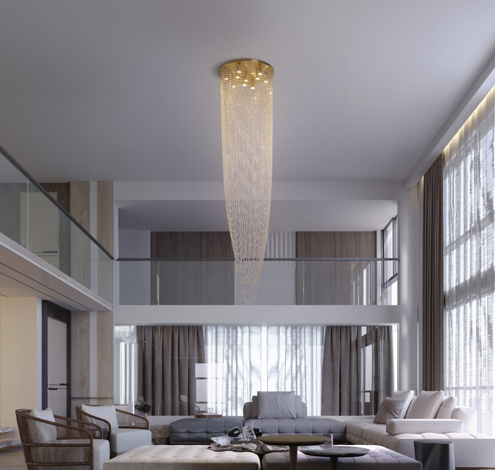 Swoop 10Lt Pendant, Satin Brass & Clear Crystal