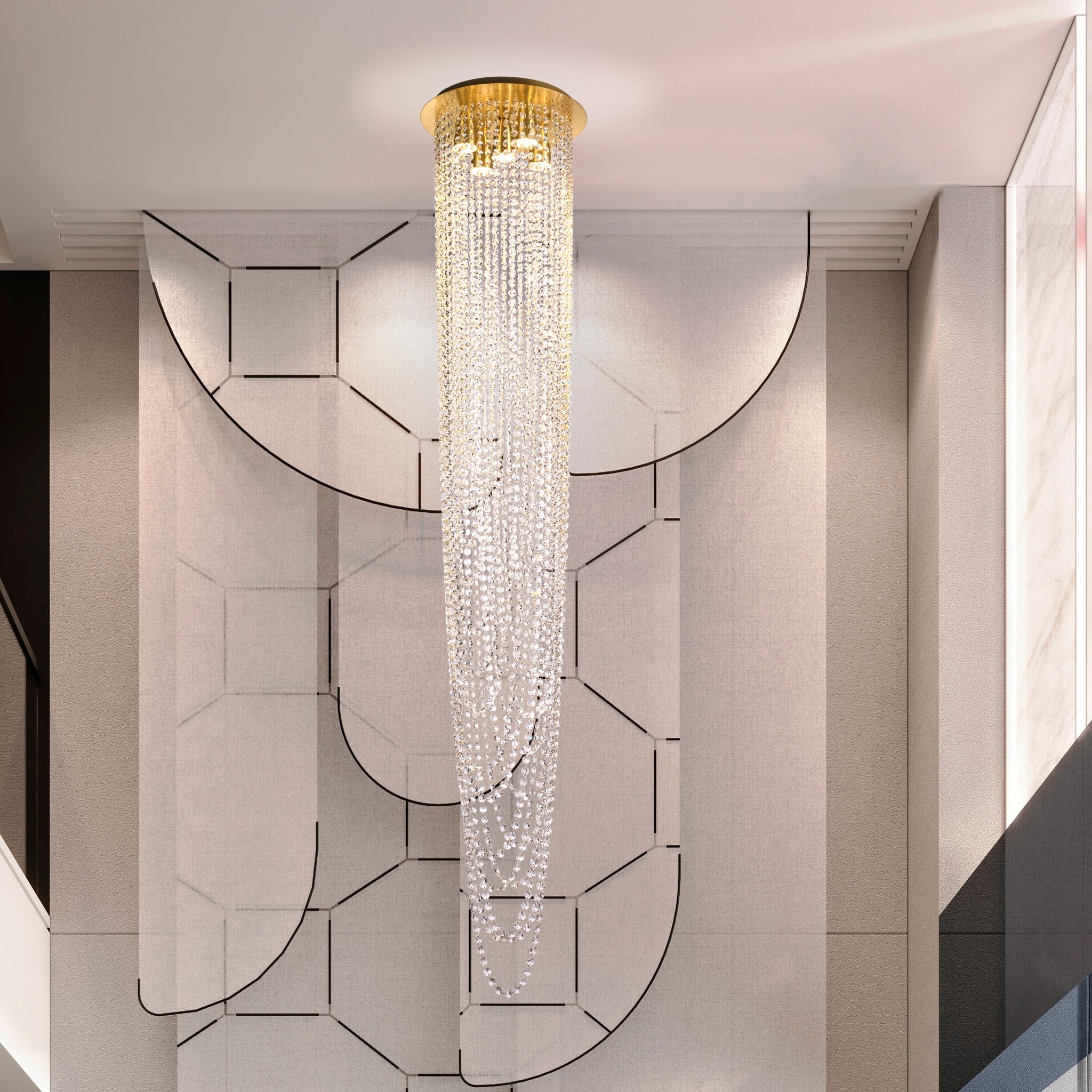 Swoop 5LT Pendant, Satin Brass & Clear Crystal