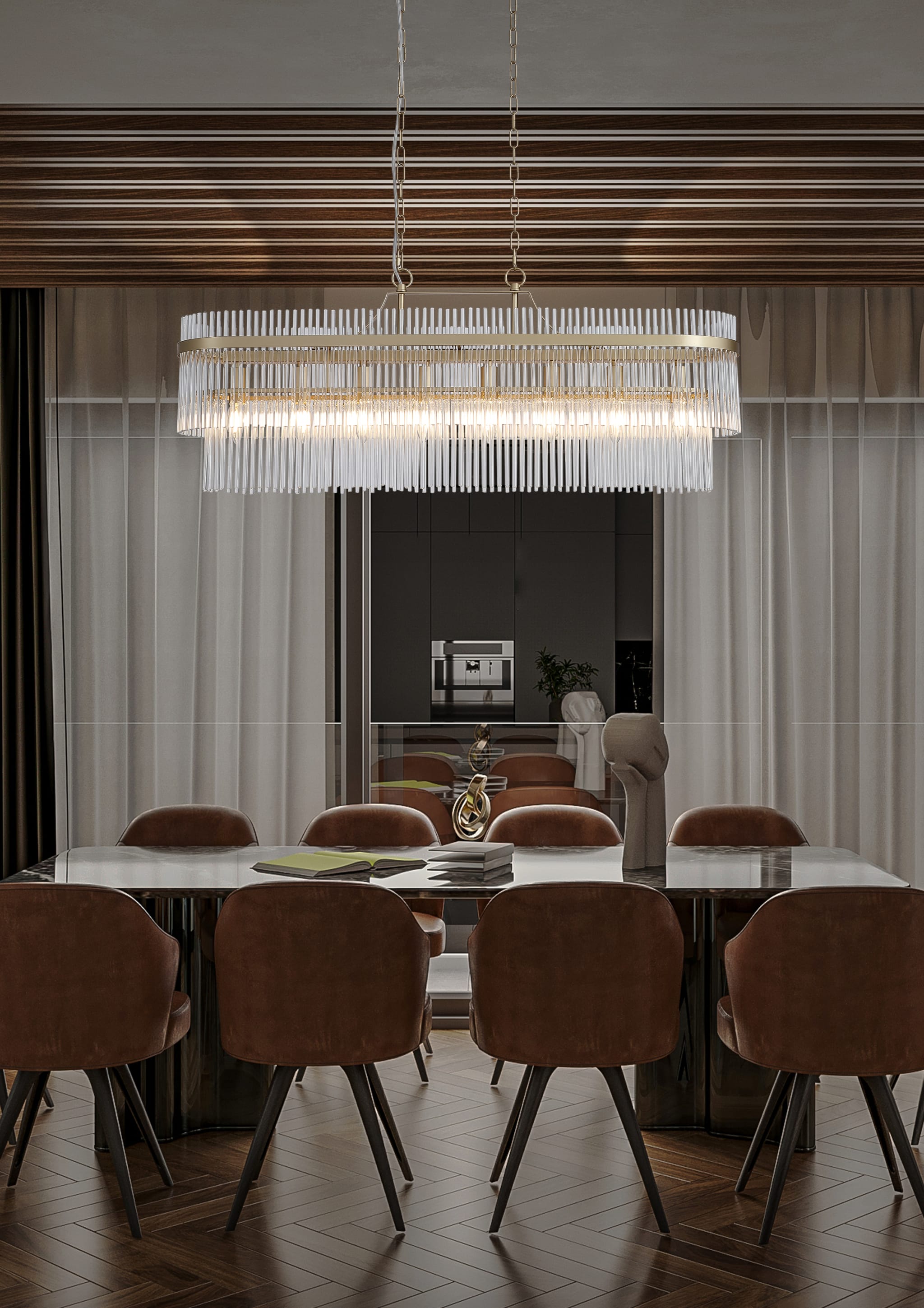 Lara 8Lt  Oval Pendant - Gold Metal & Clear Glass Rods