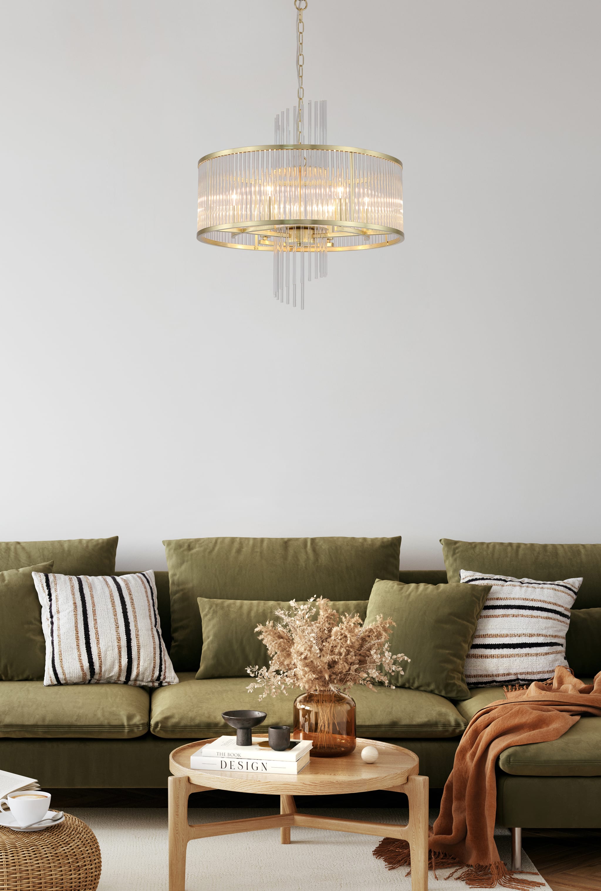Lara 6Lt Pendant, Gold metal with clear glass rods