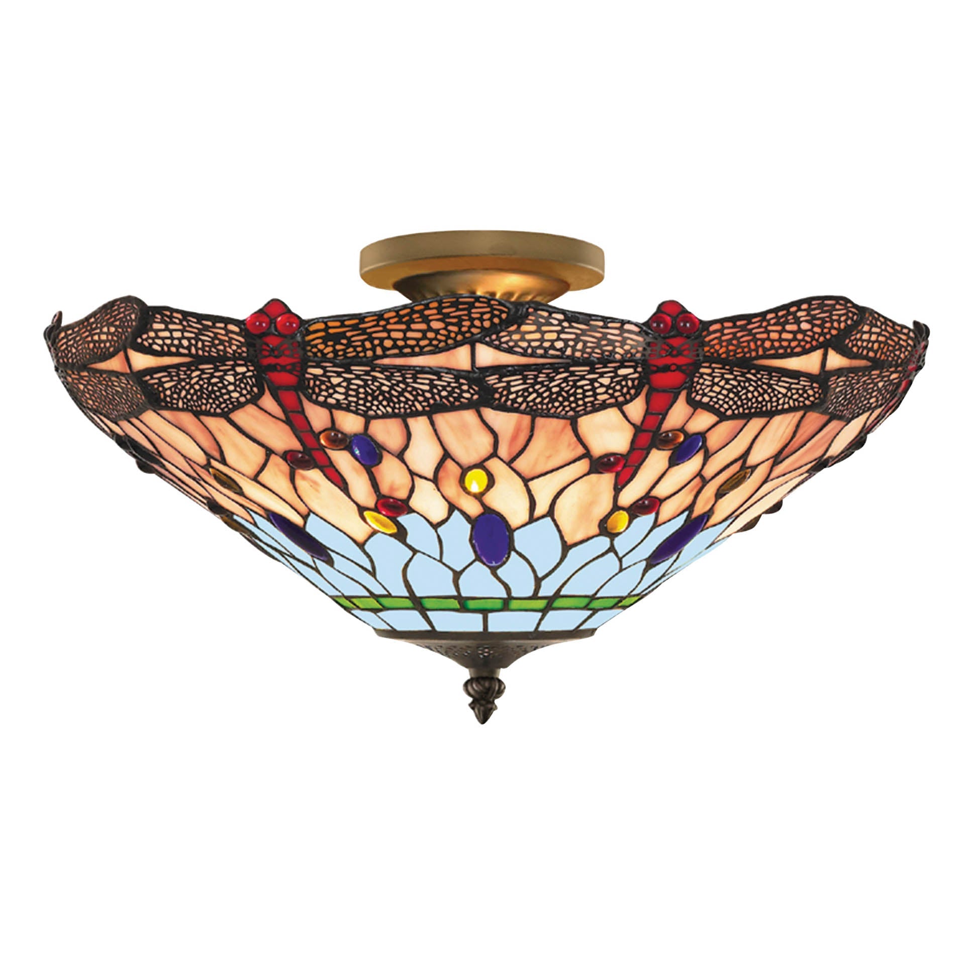 Dragonfly Semi-Flush - Antique Brass Metal & Stained Glass