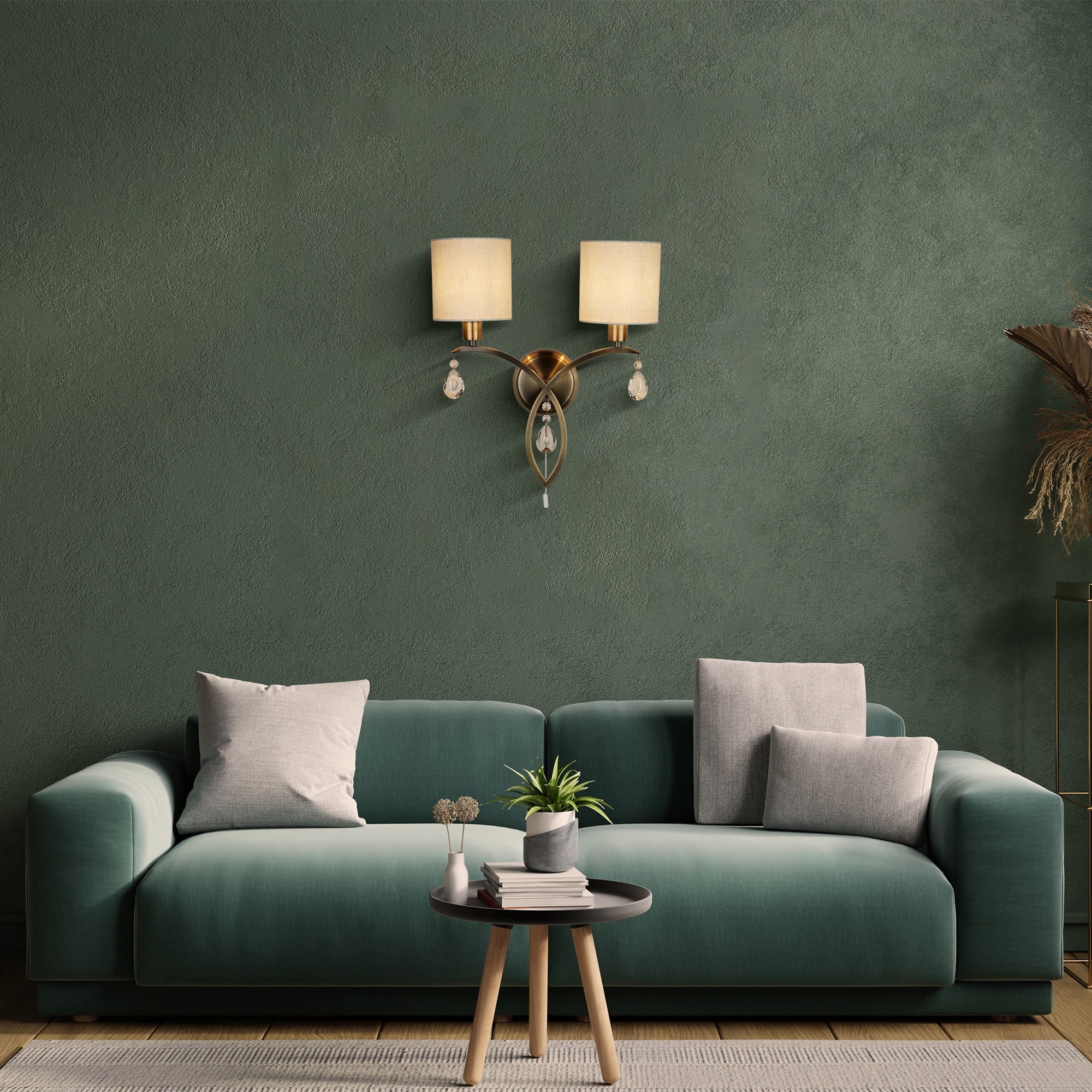 Alberto 2Lt Wall Light- Antique Brass, Crystal & Linen Shade