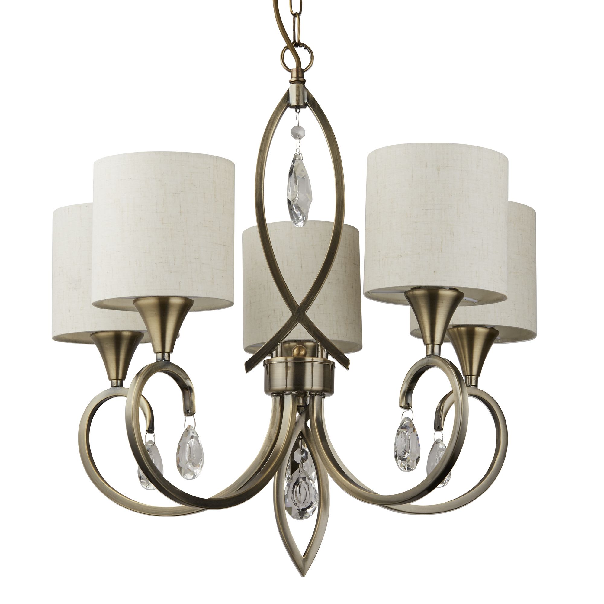 Alberto 5Lt Pendant - Antique Brass, Crystal & Linen Shade