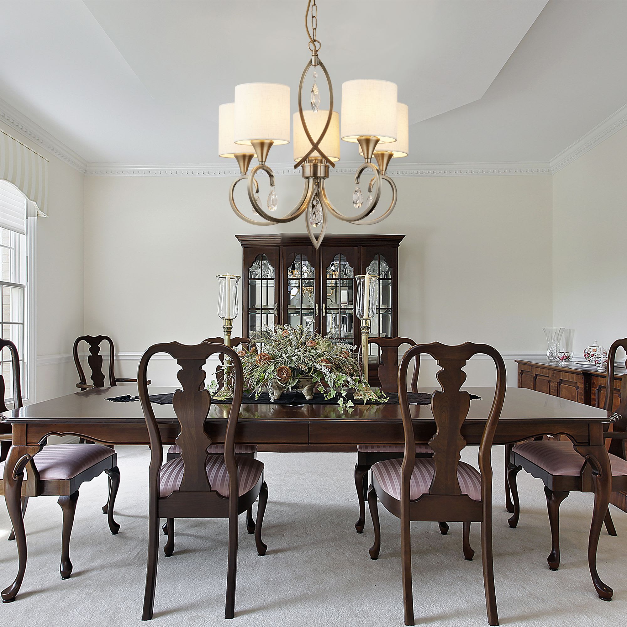 Alberto 5Lt Pendant - Antique Brass, Crystal & Linen Shade