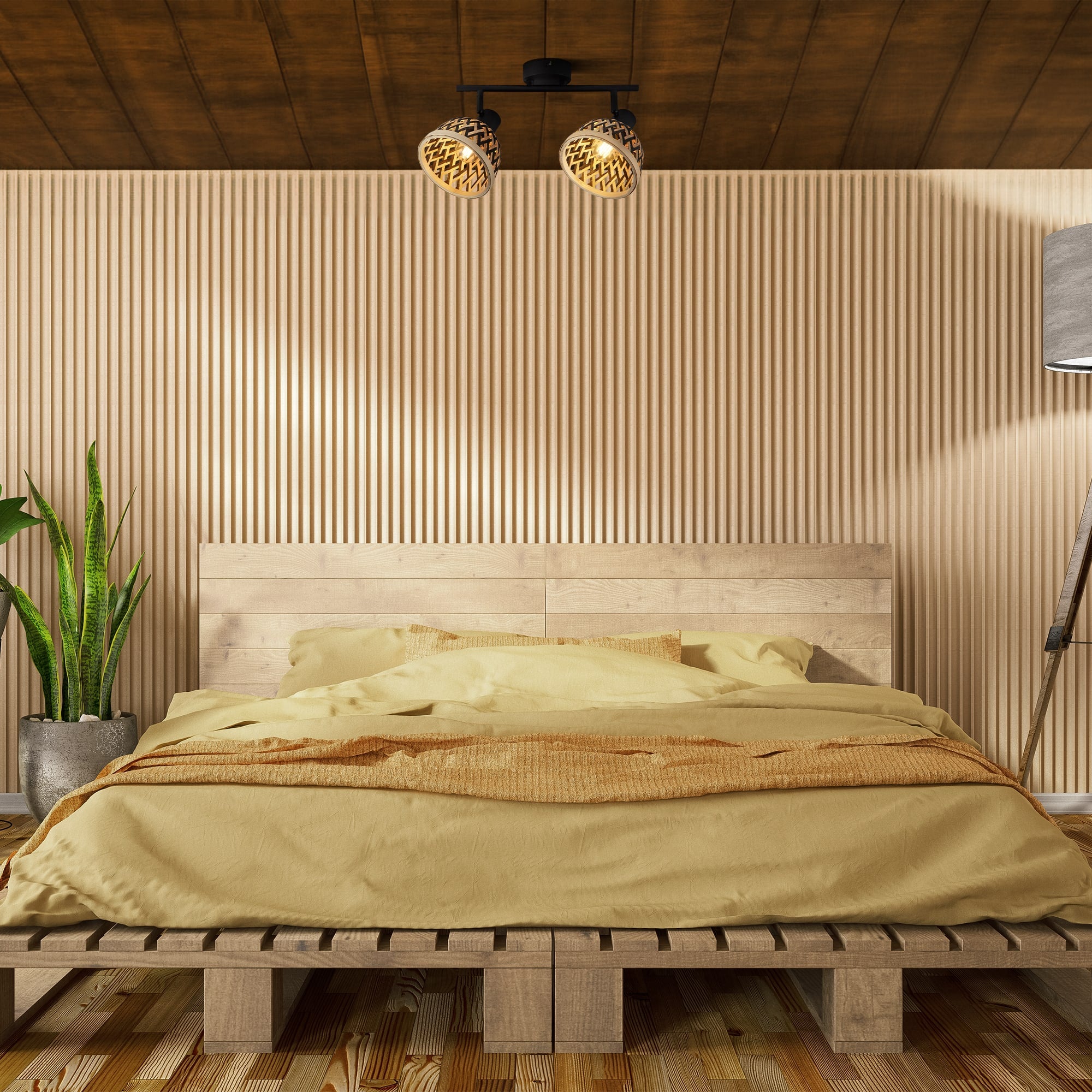Lance 2Lt Spotlight Bar - Black Metal & Bamboo Shade