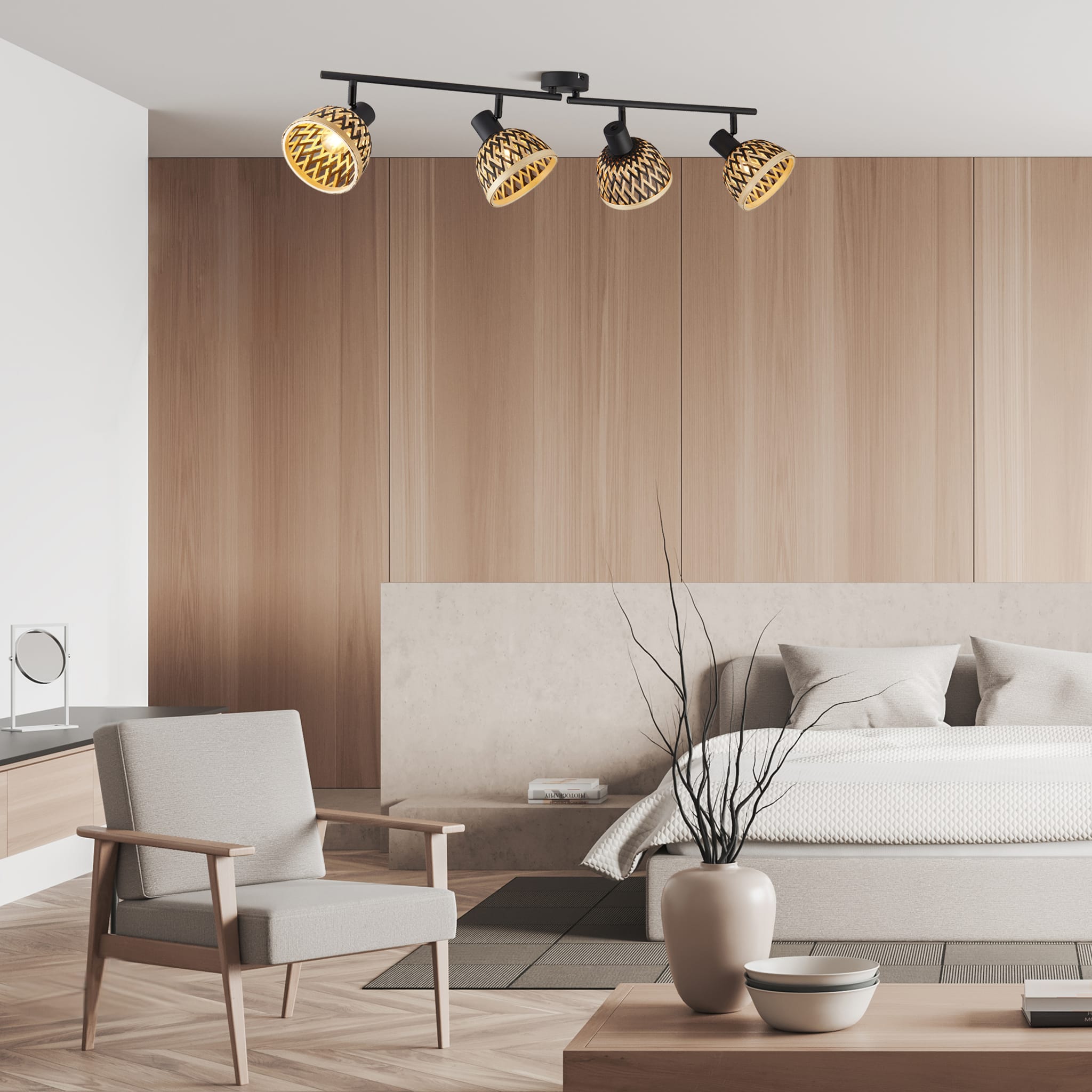 Lance 4Lt Spotlight Bar - Black Metal & Bamboo Shade