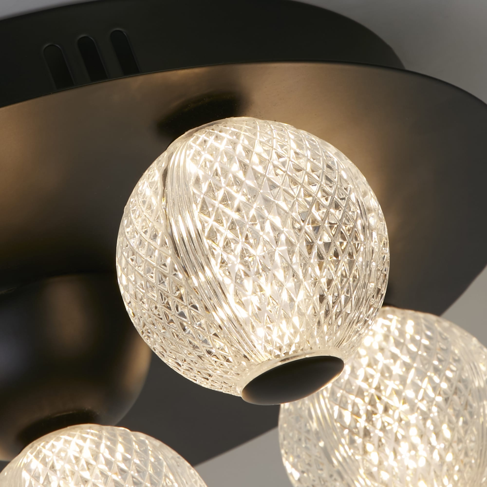 Asteroid LED Flush, Black Metal with Clear Acrylic Balls