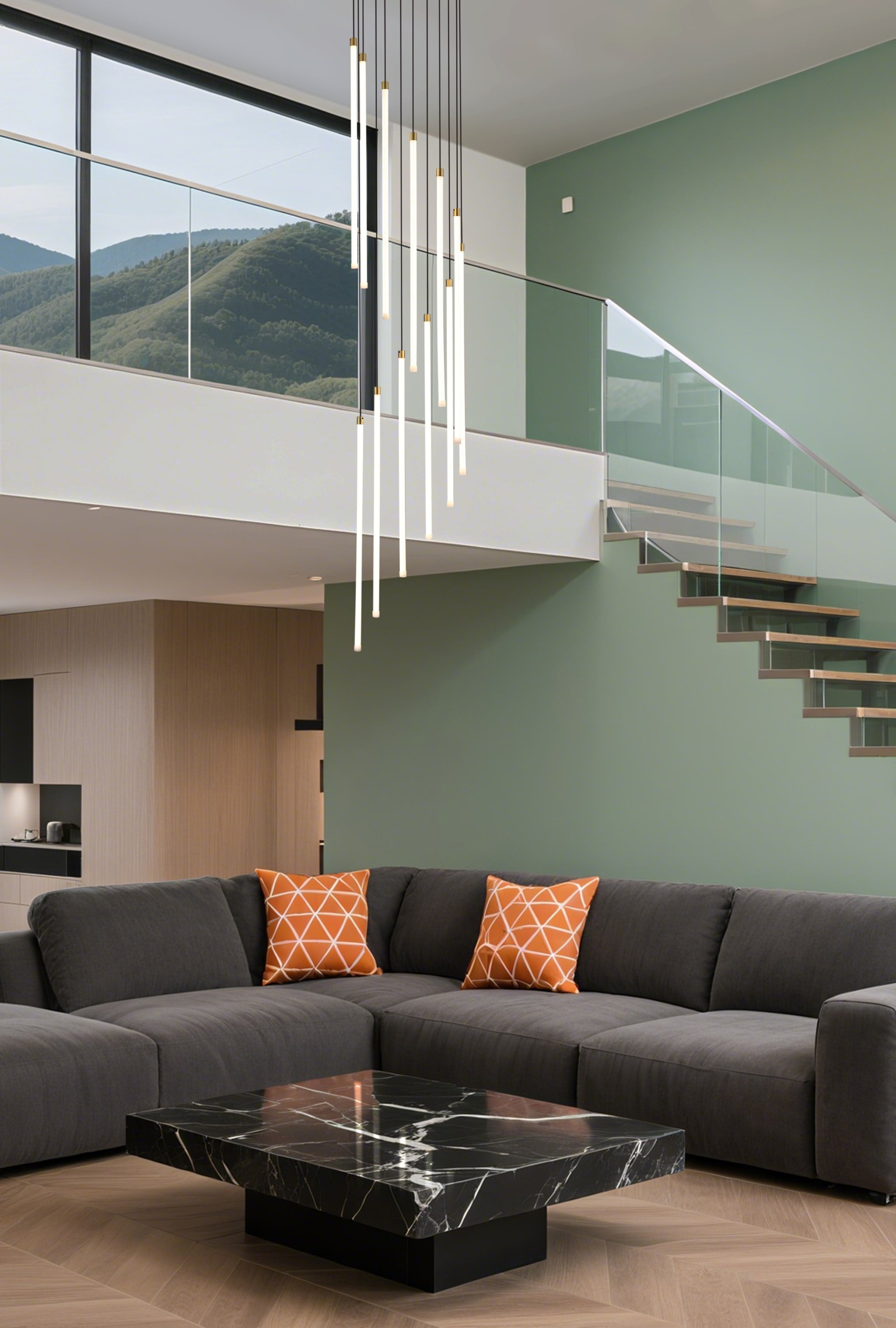 Flare LED 12Lt Stairwell Pendant, Satin Brass