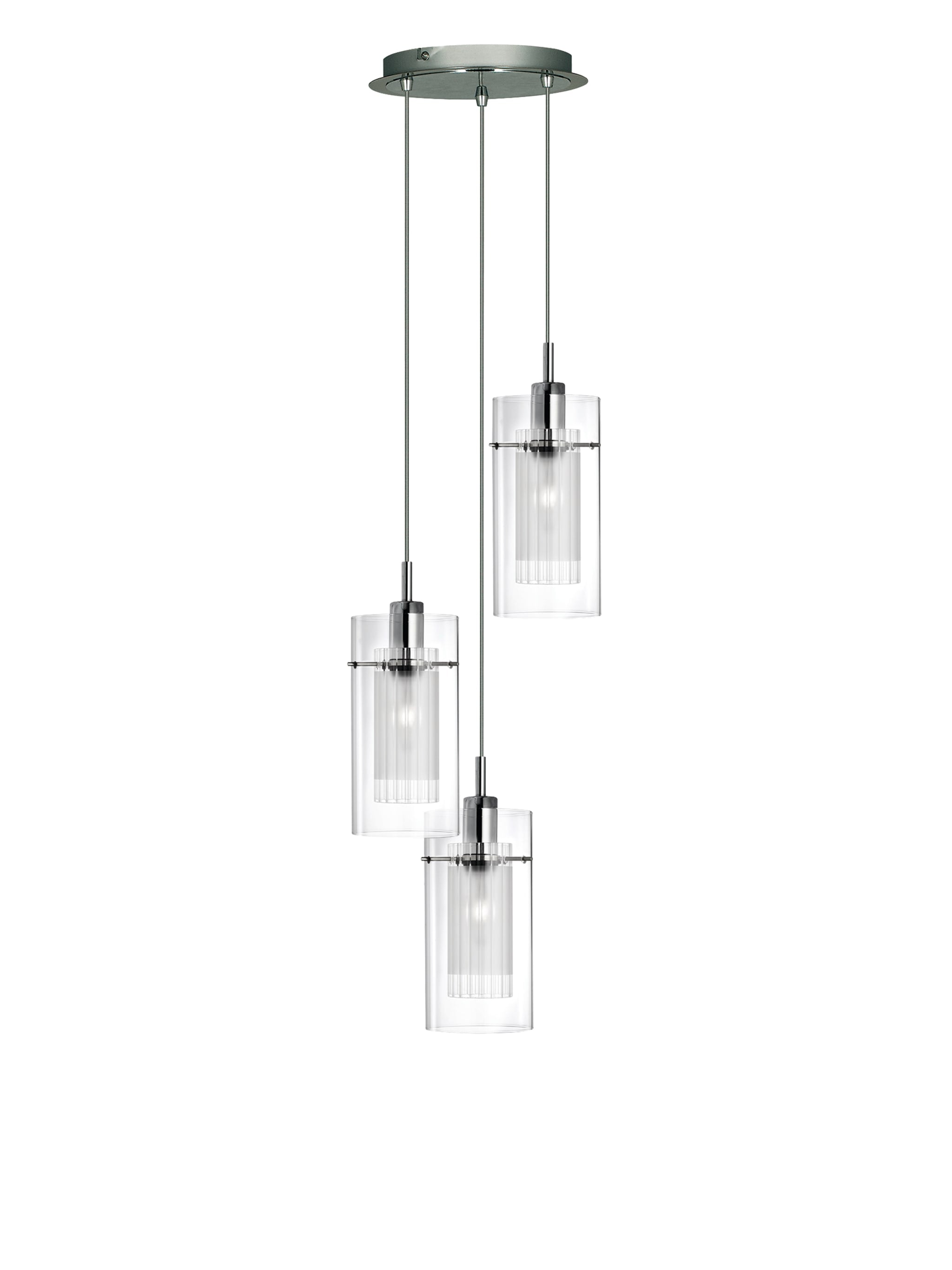 Duo I  3Lt Multi-Drop Pendant - Chrome Metal & Double Glass