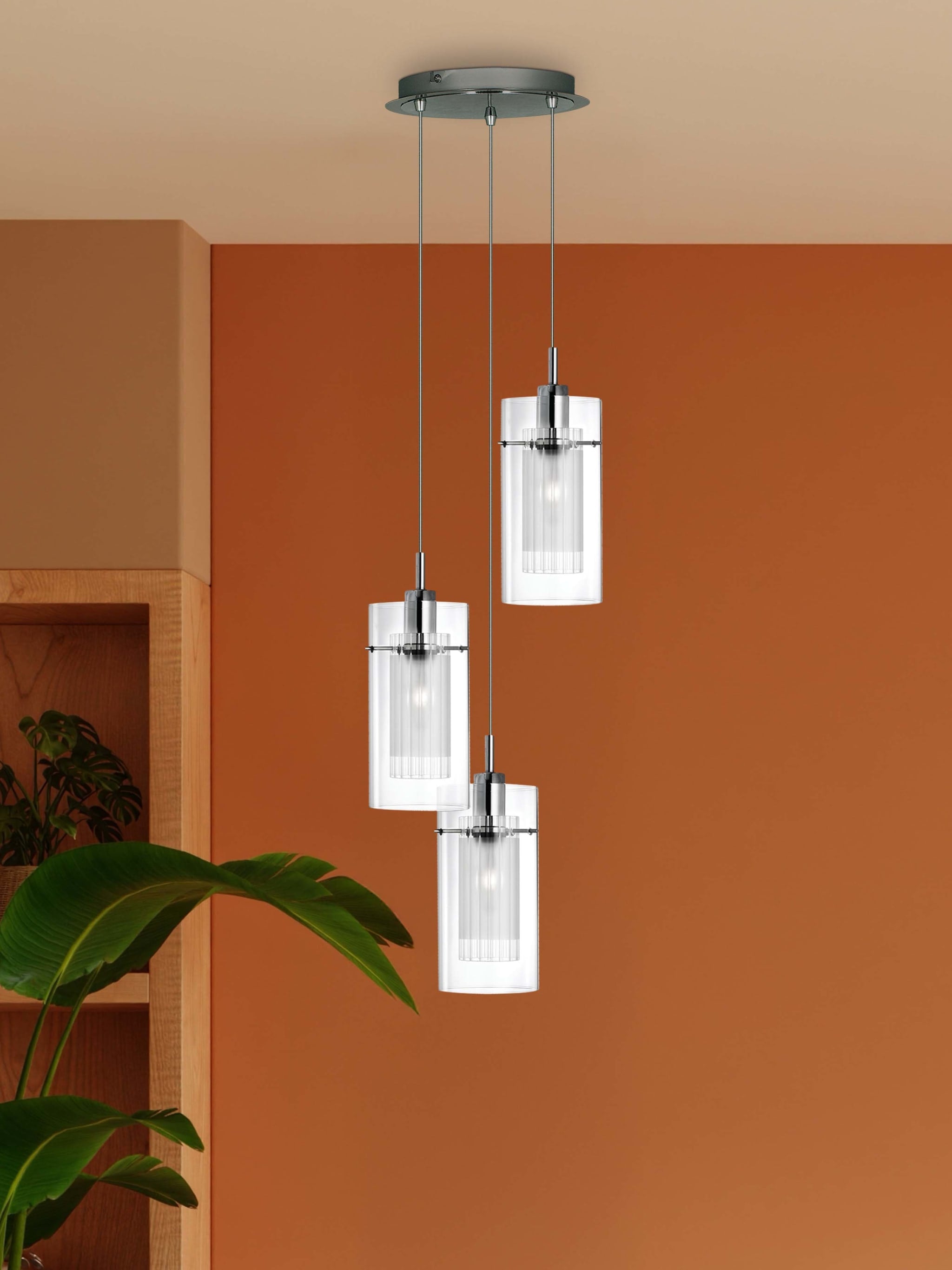 Duo I  3Lt Multi-Drop Pendant - Chrome Metal & Double Glass