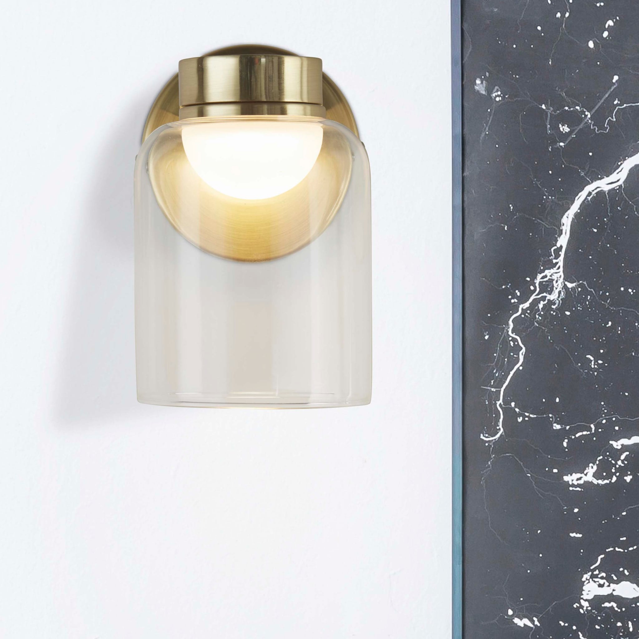 Highball LED Wall Light, Satin Brass & Clear Glass IP44