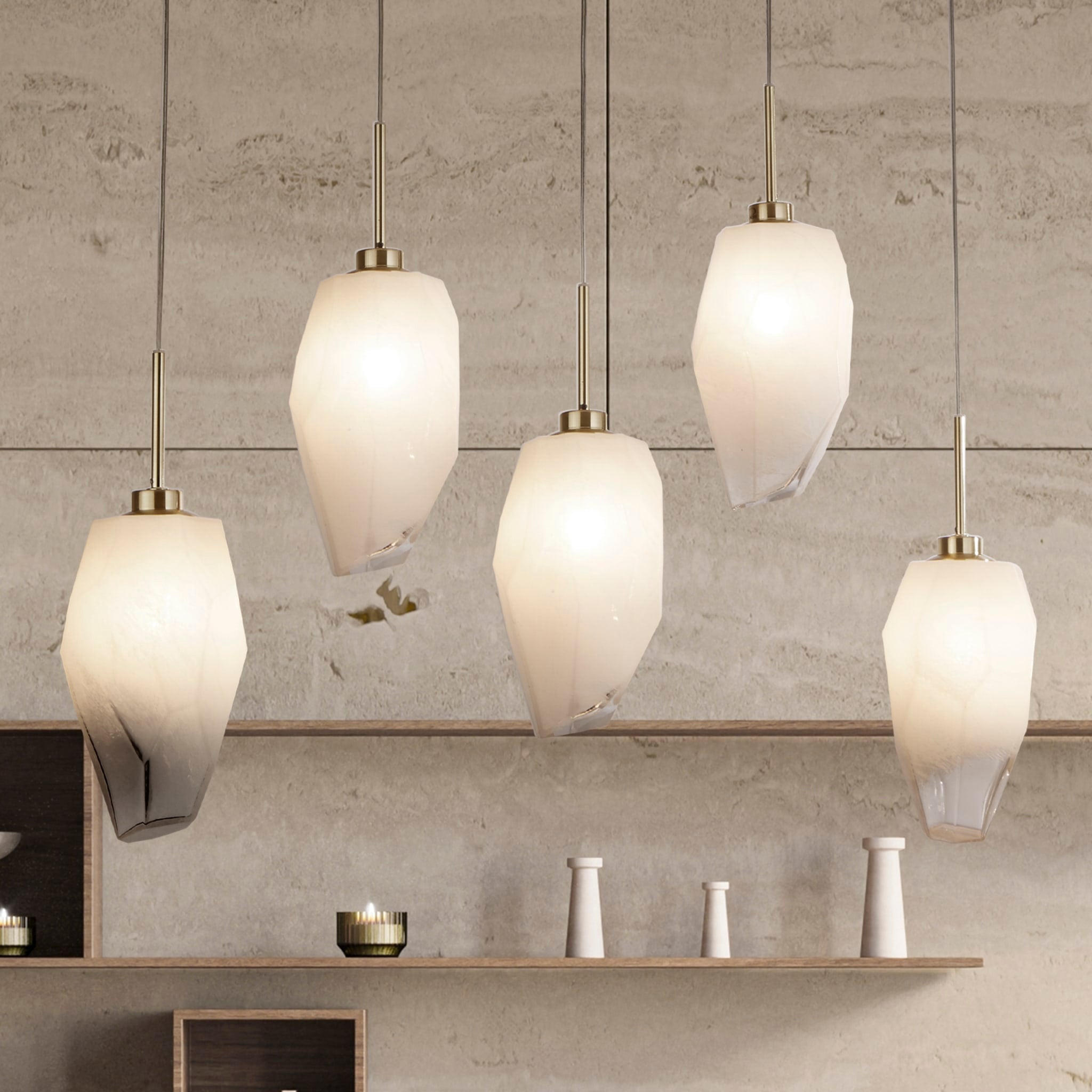 Rocky 5Lt Bar Pendant, Satin Brass Metal  & Glass