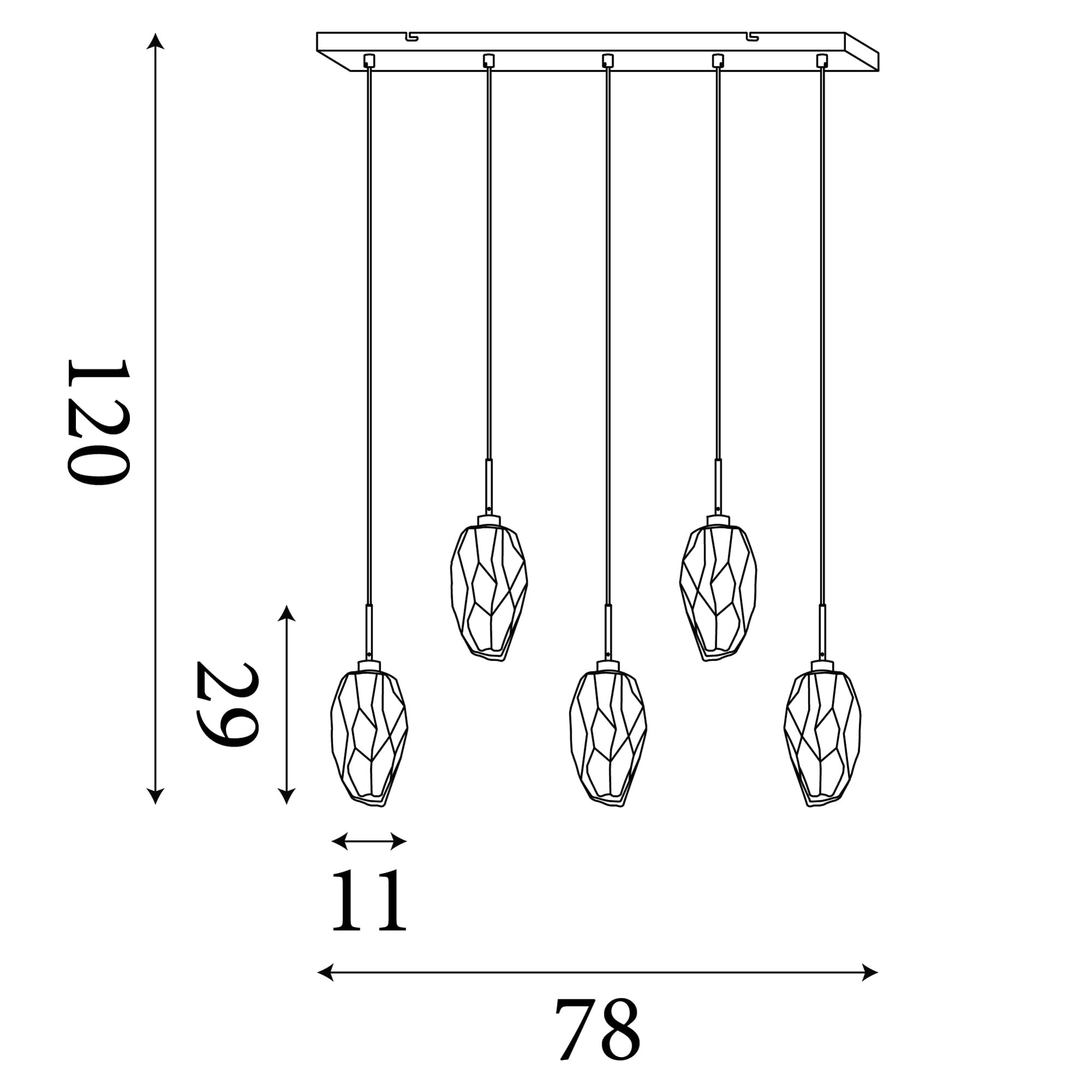 Rocky 5Lt Bar Pendant, Satin Brass Metal  & Glass