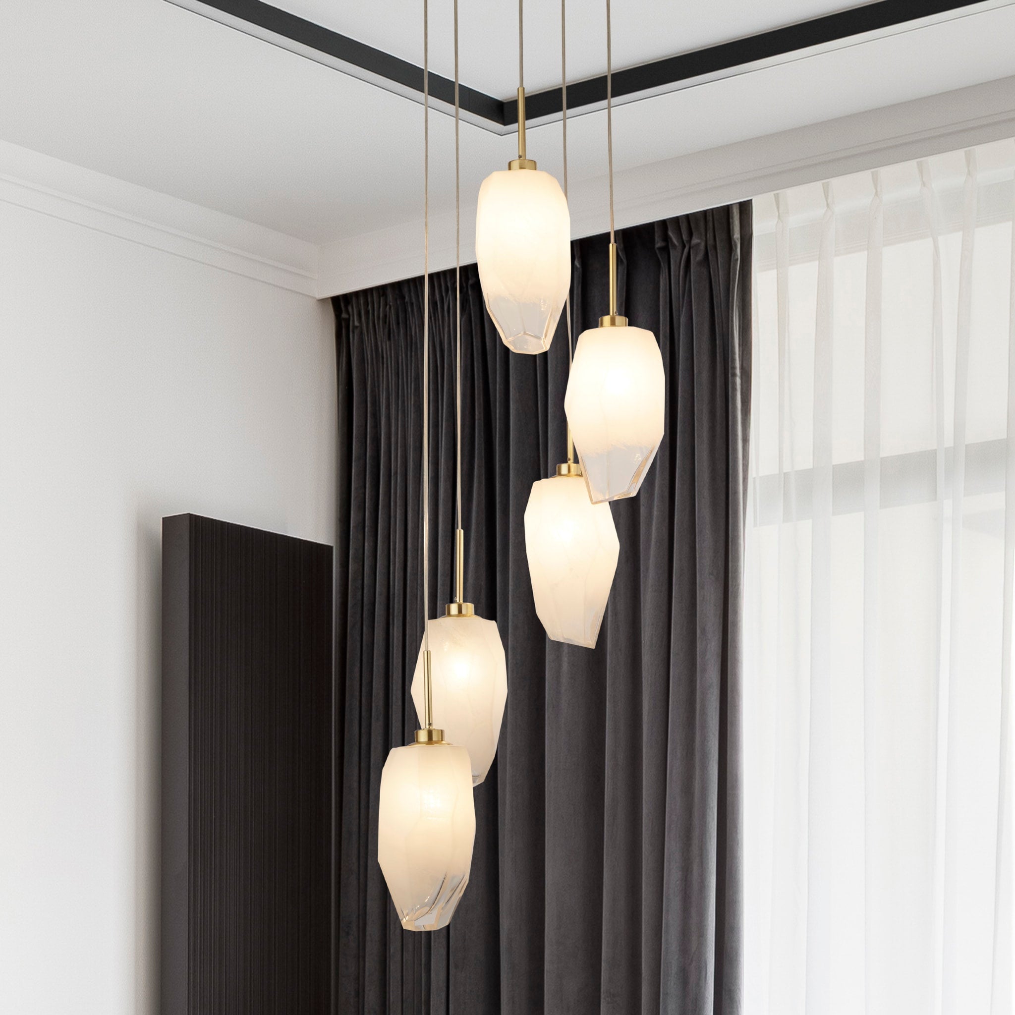 Rocky 5Lt Multi Drop  Pendant, Satin Brass Metal  & Glass