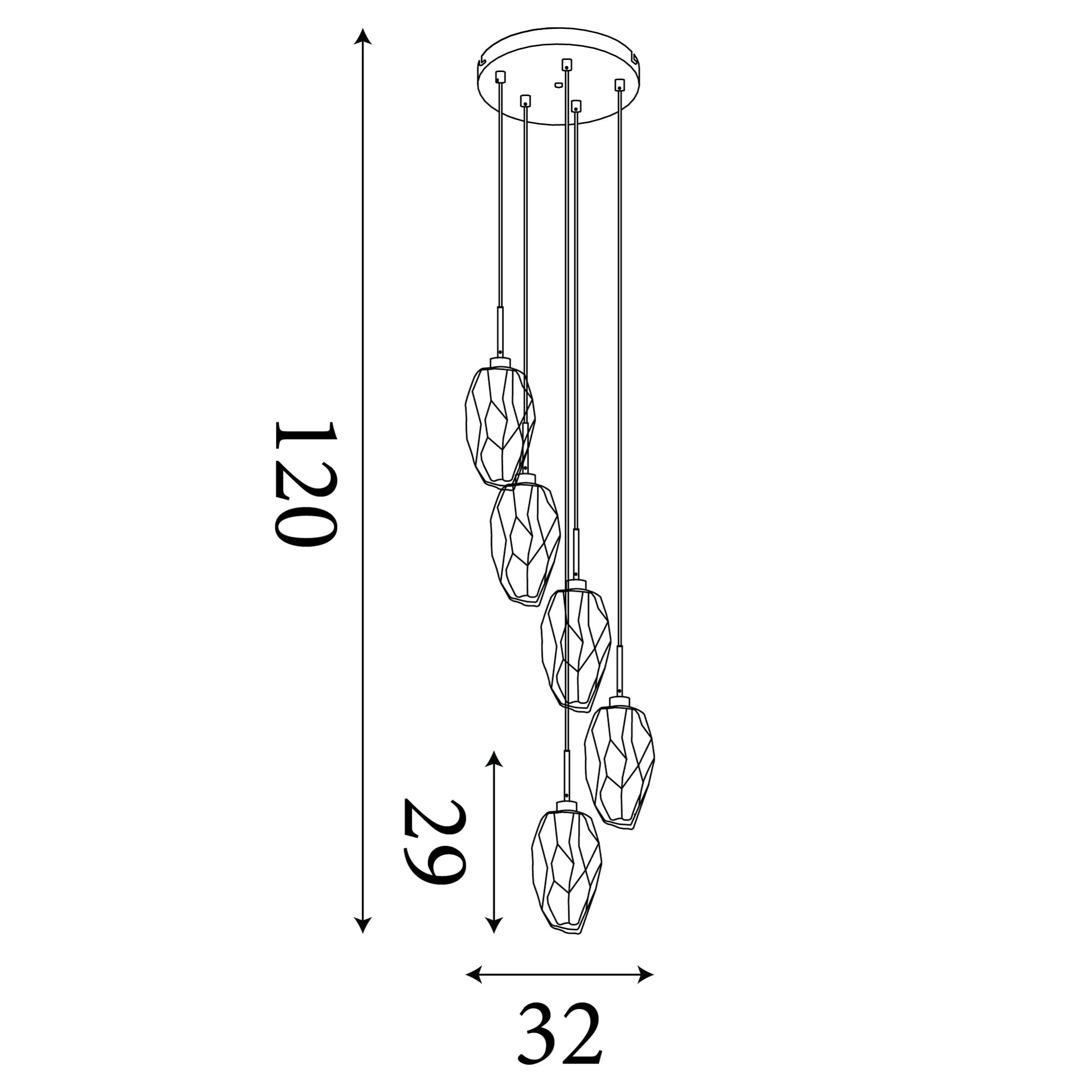 Rocky 5Lt Multi Drop  Pendant, Satin Brass Metal  & Glass