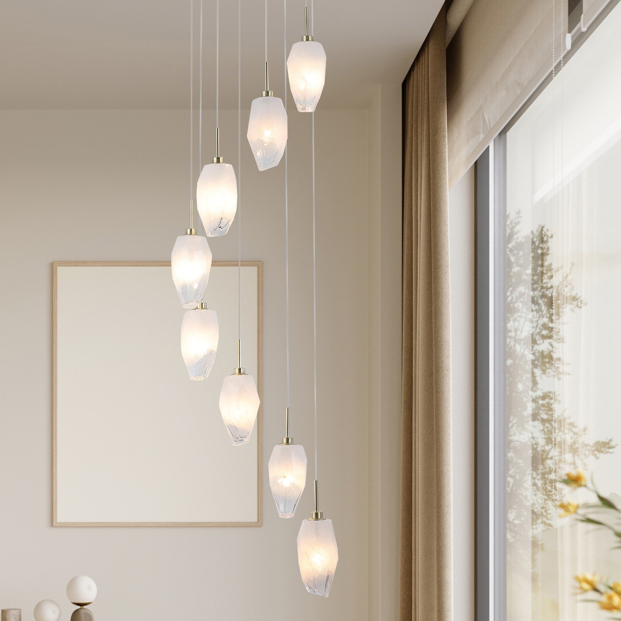 Rocky 8Lt Multi Drop Pendant, Satin Brass Metal  & Glass