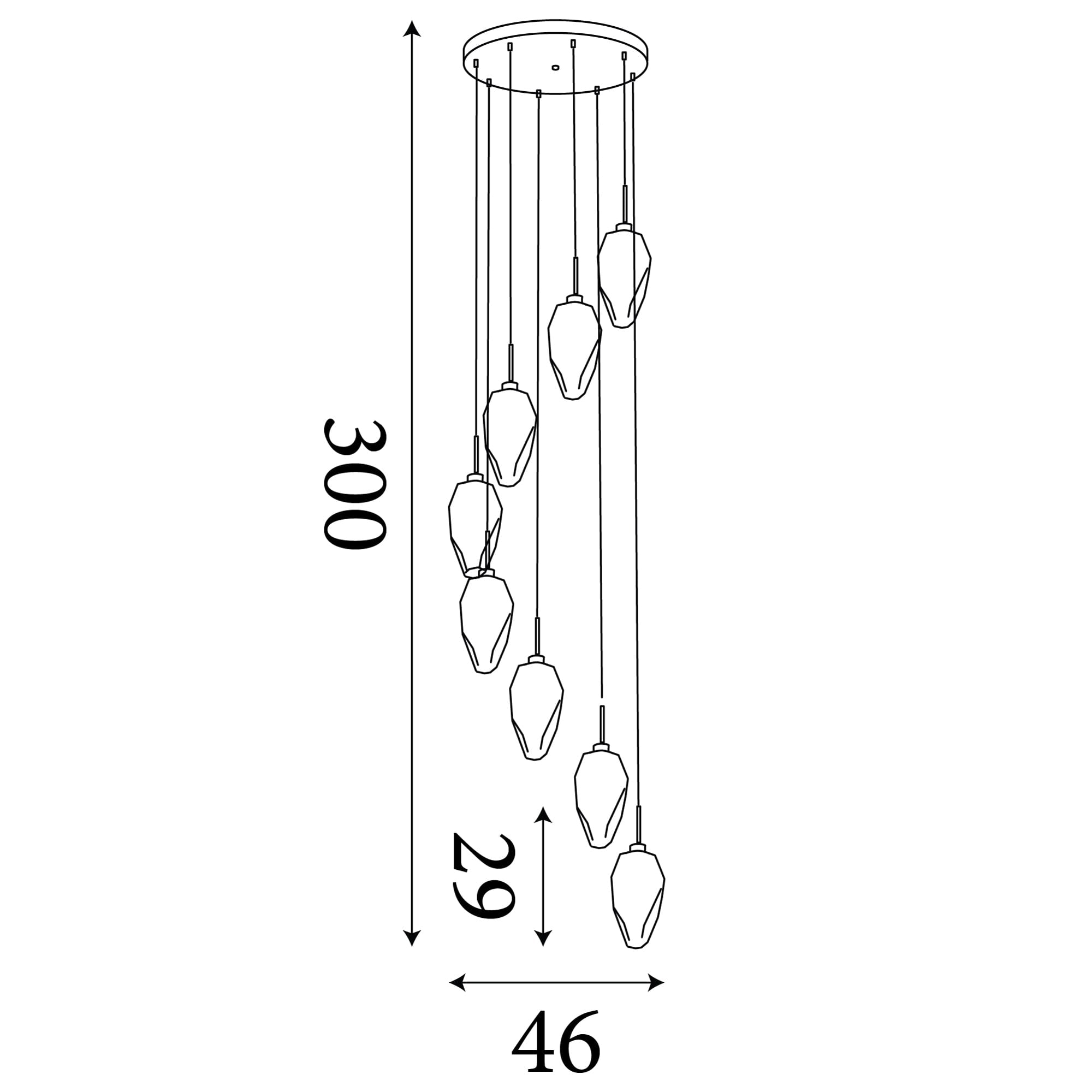 Rocky 8Lt Multi Drop Pendant, Satin Brass Metal  & Glass