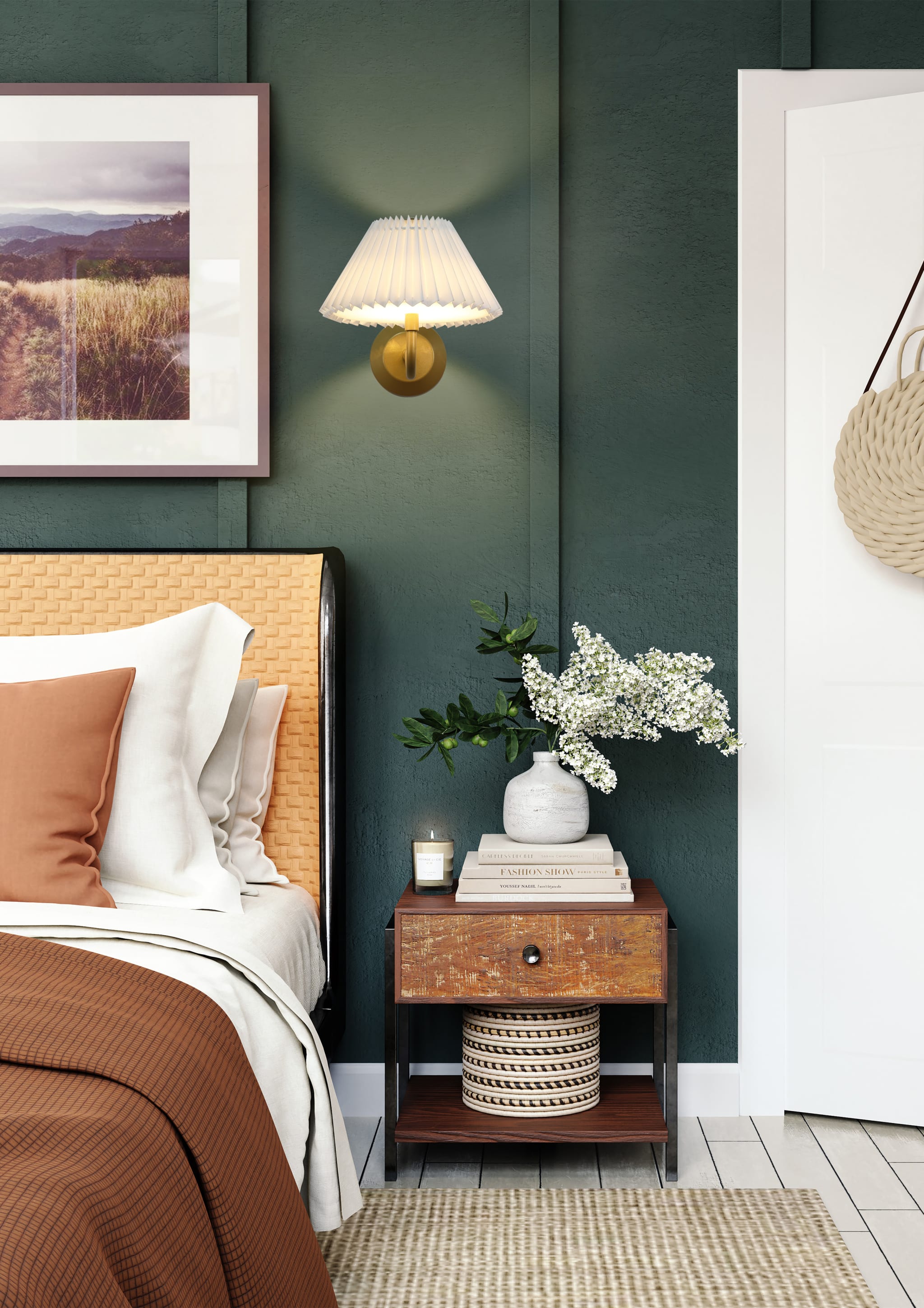 Danish Rechargeable Wall Light, Gold Metal with White Pleate