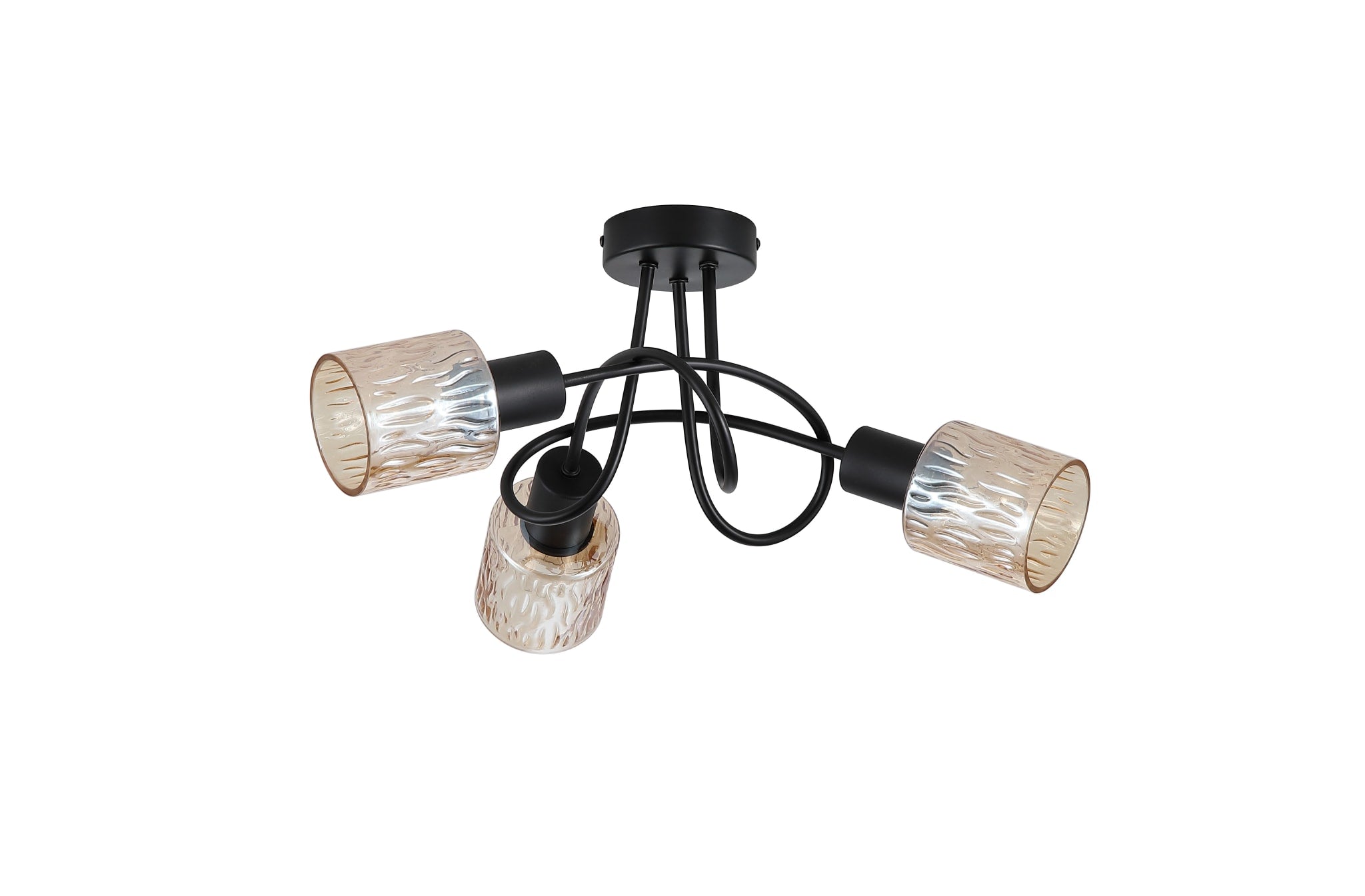 Knot 3Lt Ceiling Lamp, Black Metal with Amber Glass Shade