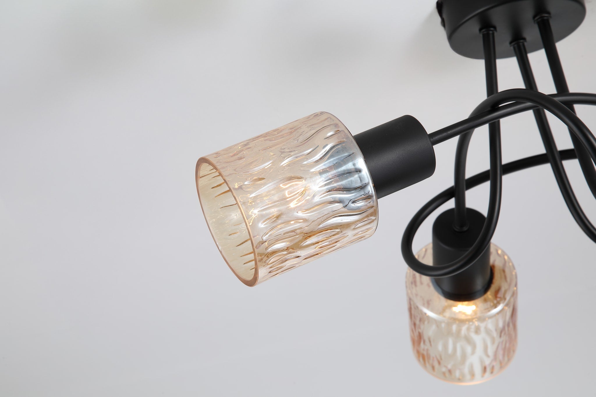 Knot 3Lt Ceiling Lamp, Black Metal with Amber Glass Shade