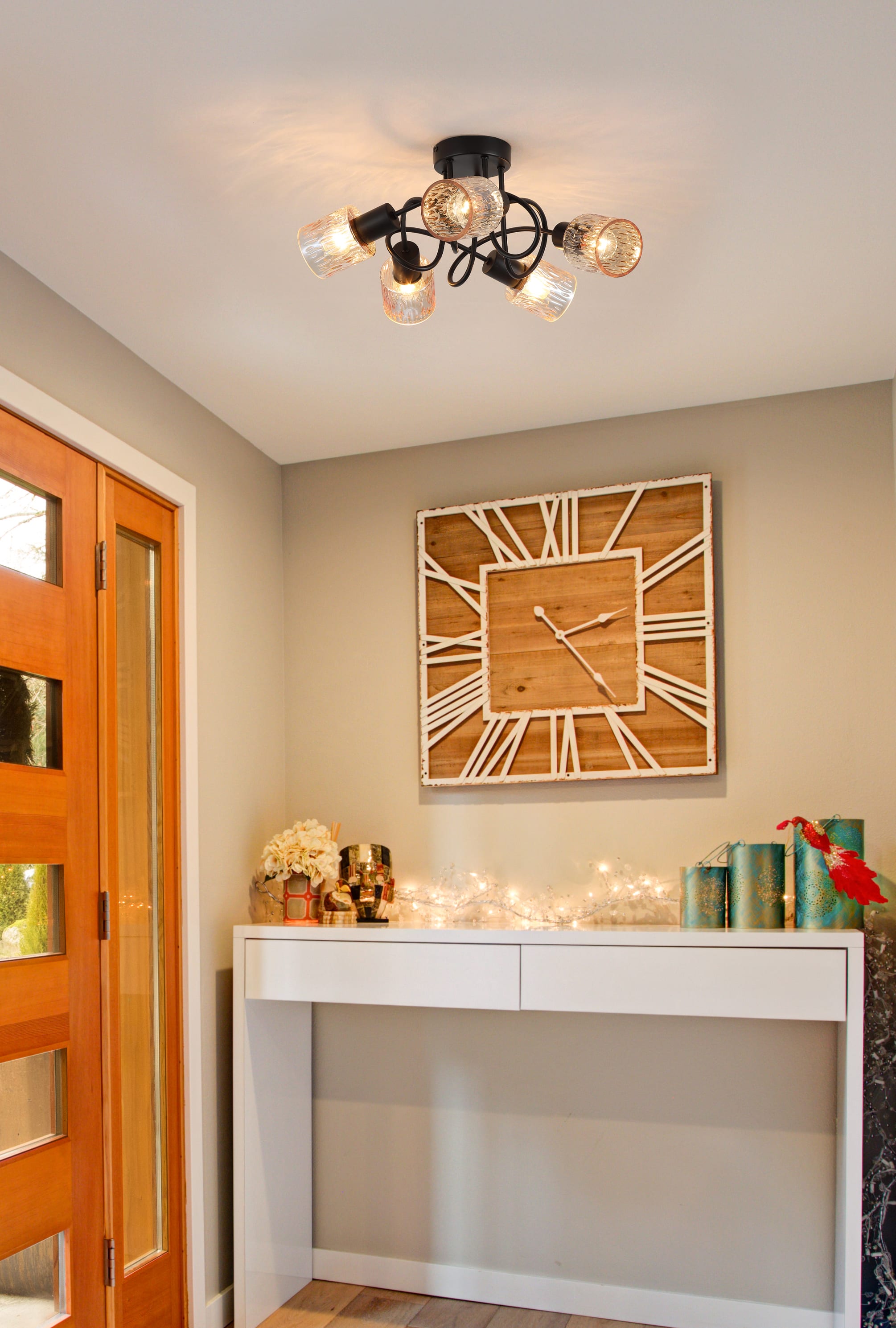 Knot 5Lt Ceiling Lamp, Black Metal with Amber Glass Shade