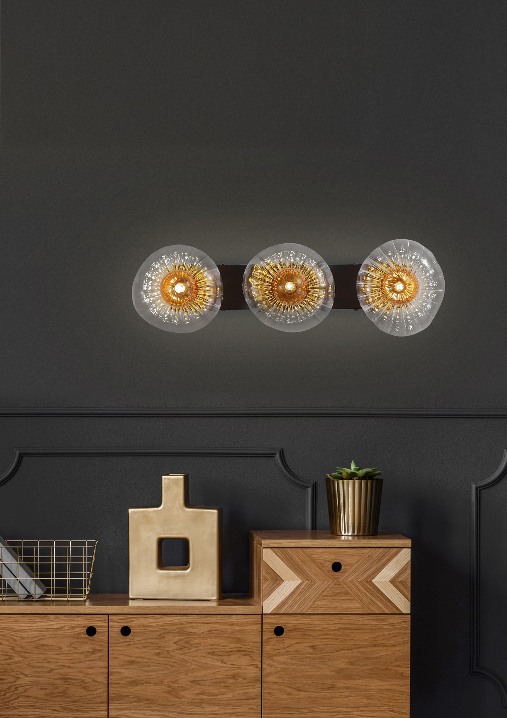 Sunbeam 3lt Wall Light, Clear and Amber Ribbed Glass