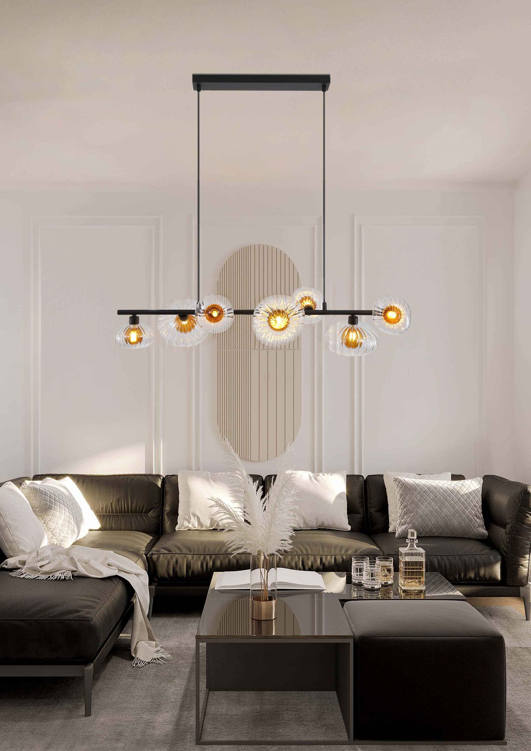 Sunbeam 7lt Pendant, Clear and Amber Ribbed Glass