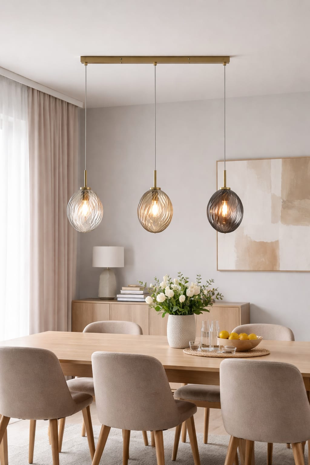 Whirl 3Lt Bar Pendant, Satin Brass Metal, Multi Coloured Gla