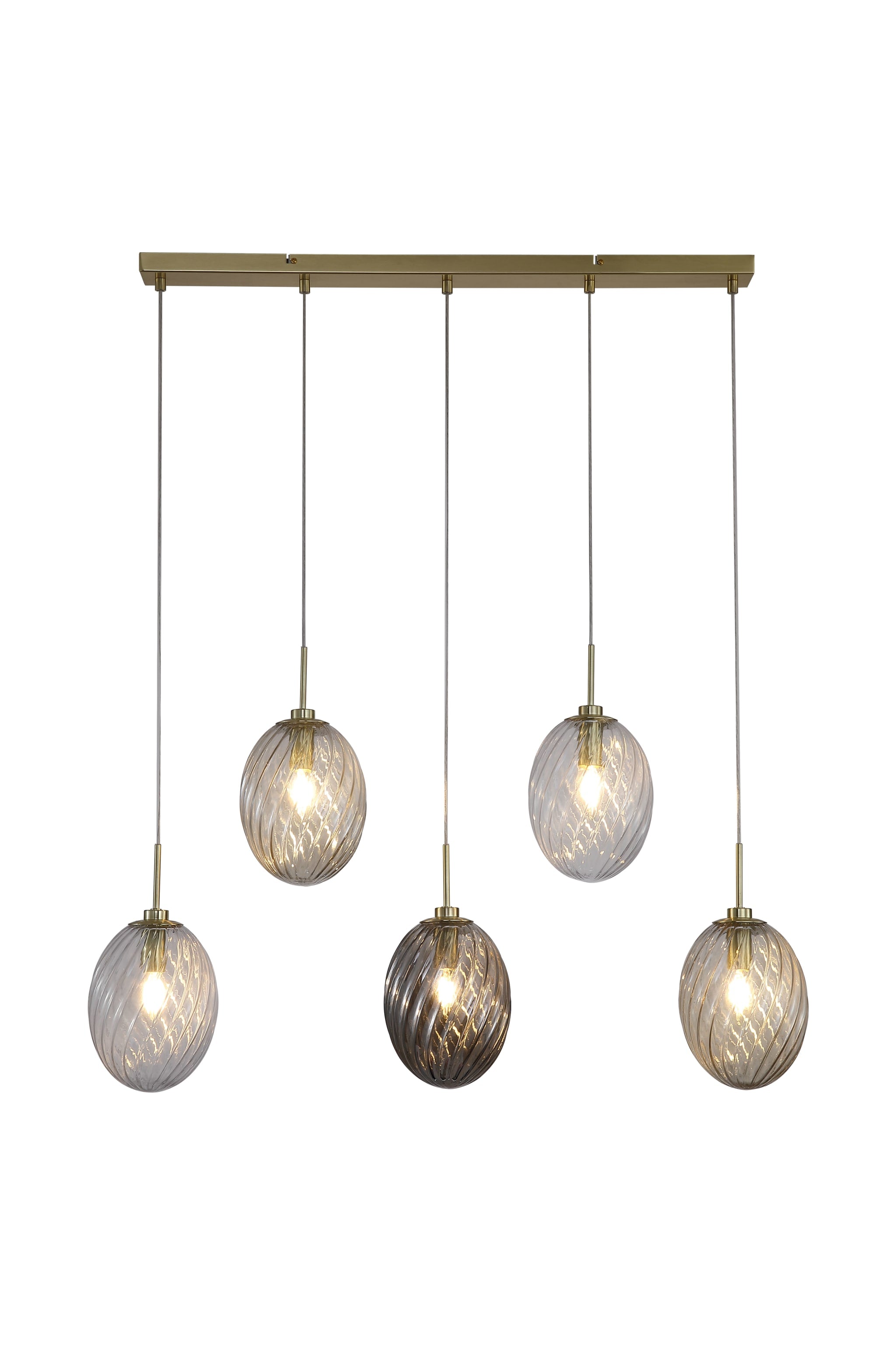 Whirl 5Lt Bar Pendant, Satin Brass Metal,Multi Coloured Glas