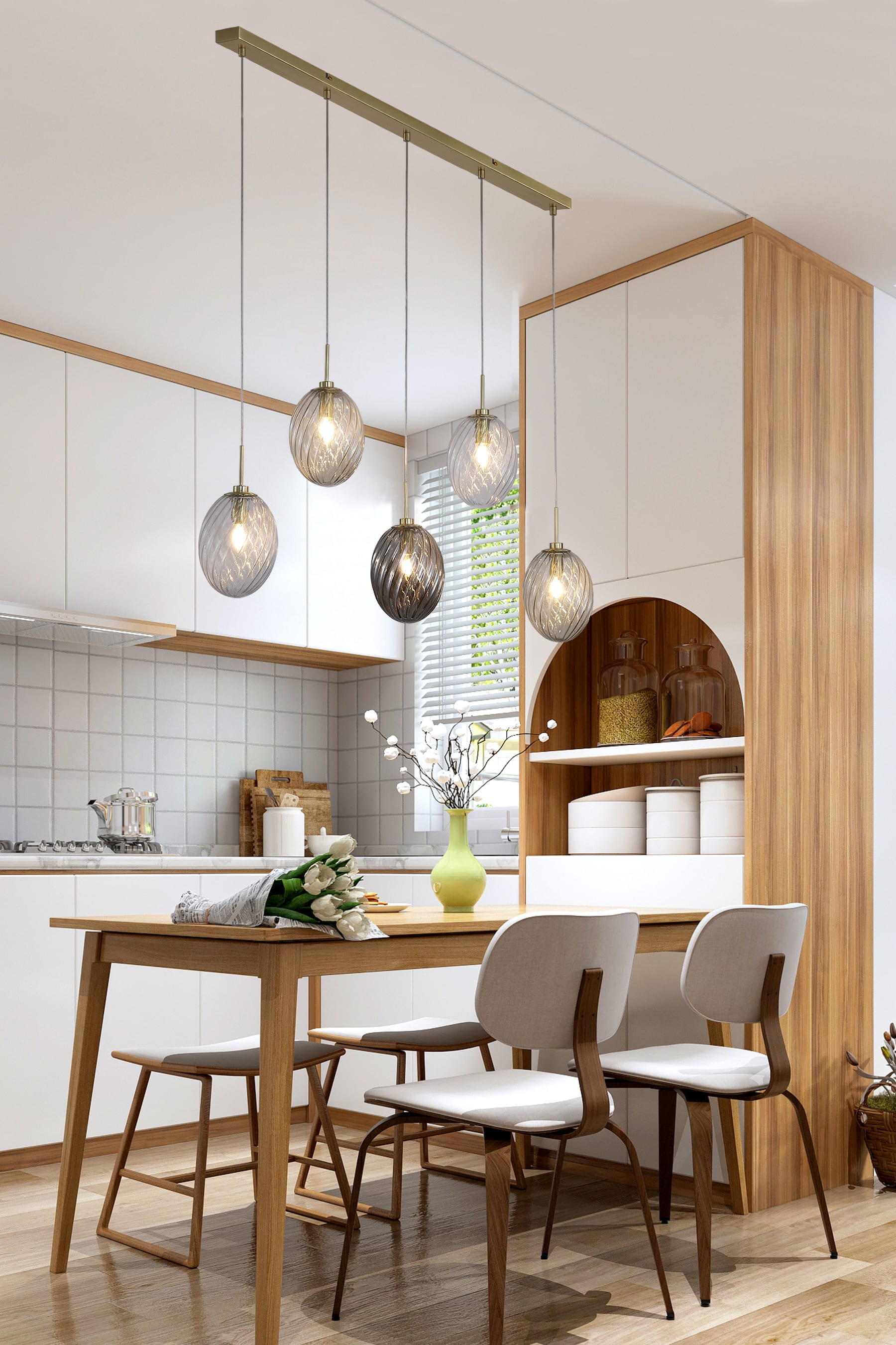 Whirl 5Lt Bar Pendant, Satin Brass Metal,Multi Coloured Glas