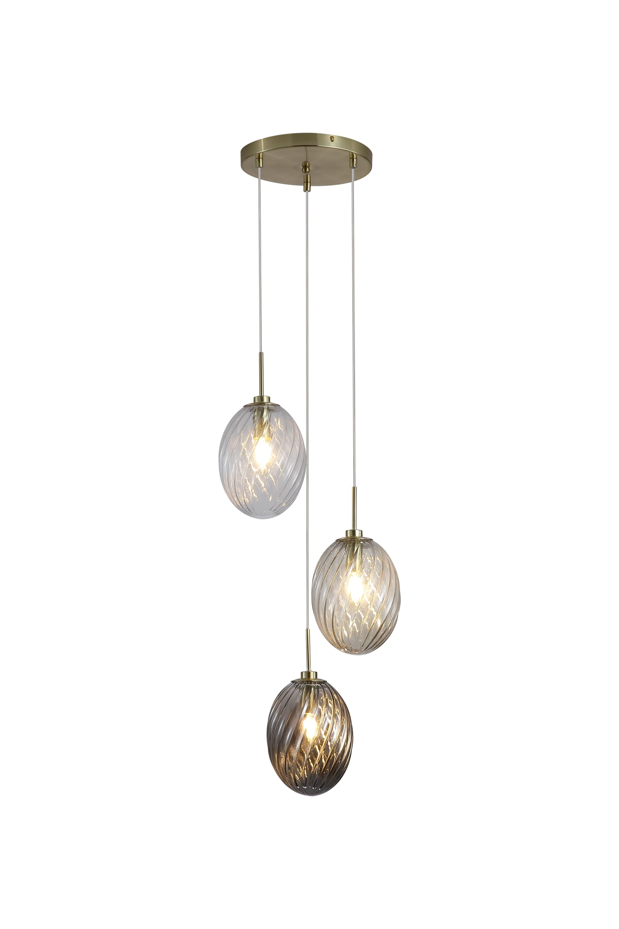 Whirl 3Lt Multi Drop Pendant, Satin Brass Metal, Multi Glass