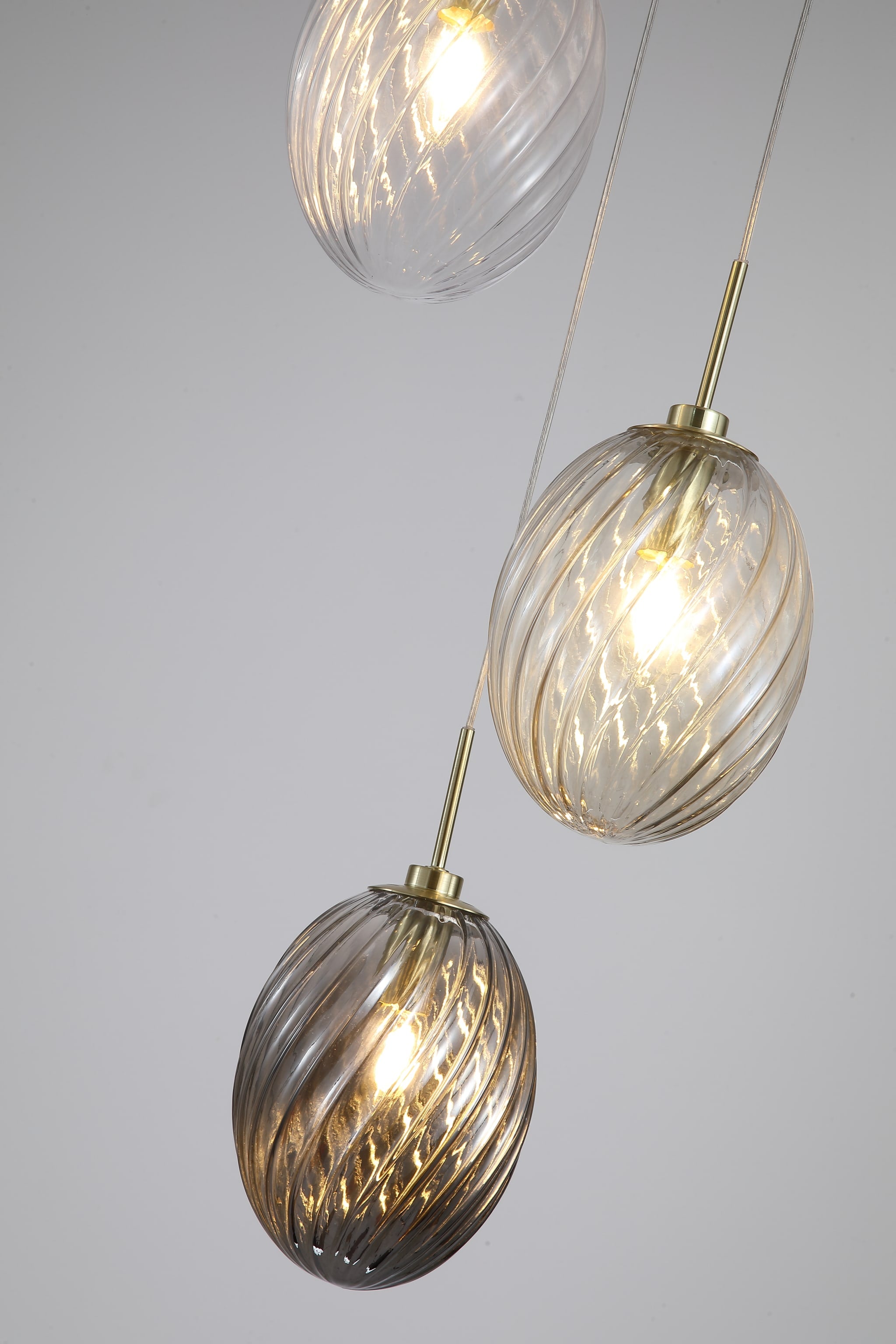 Whirl 3Lt Multi Drop Pendant, Satin Brass Metal, Multi Glass
