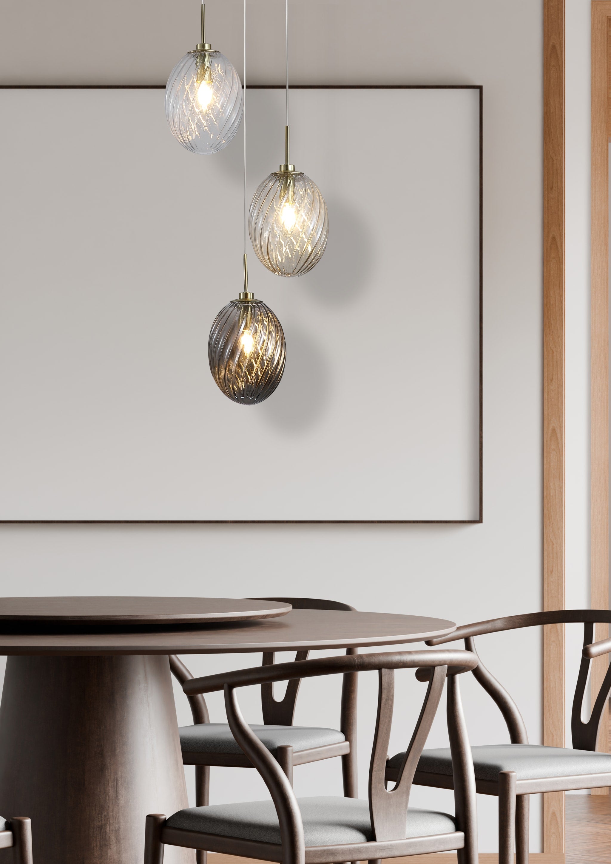 Whirl 3Lt Multi Drop Pendant, Satin Brass Metal, Multi Glass
