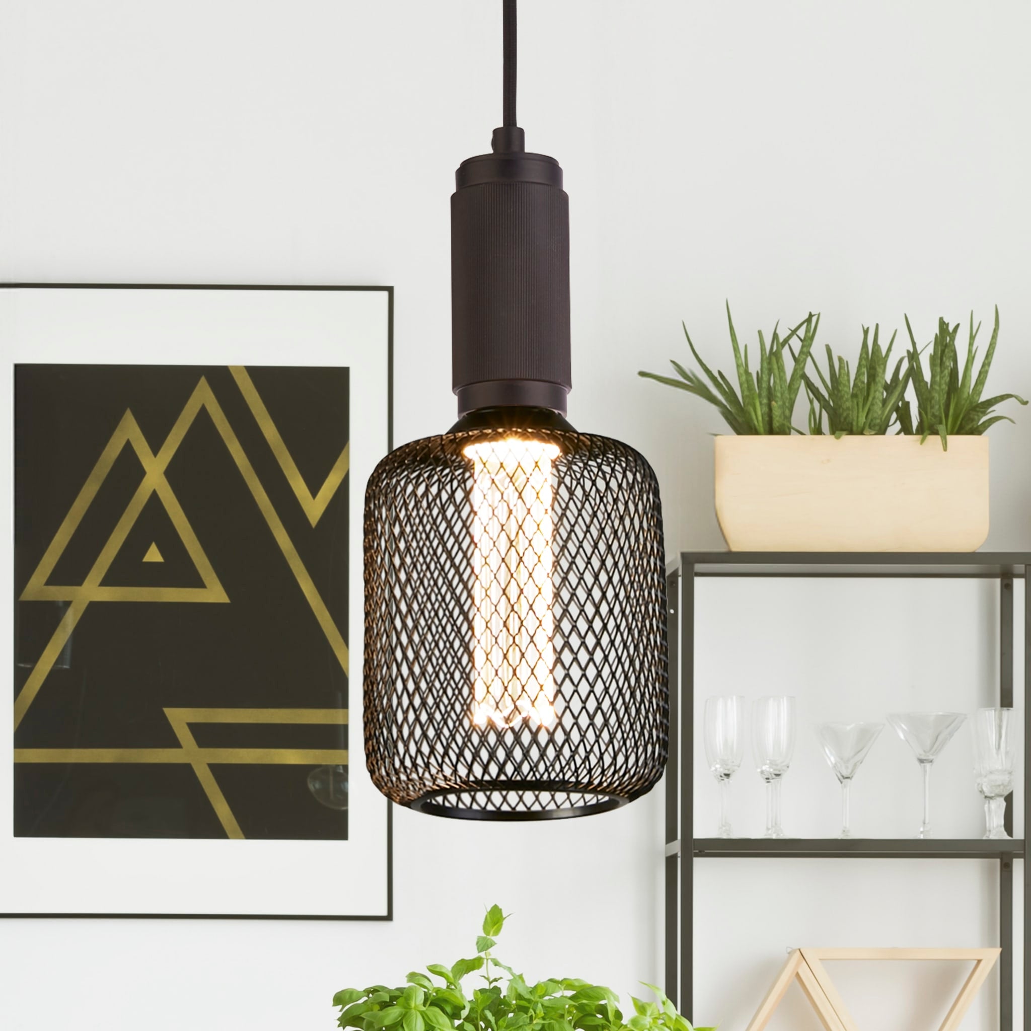Wire Mesh Effect Drum Lamp - Black Metal